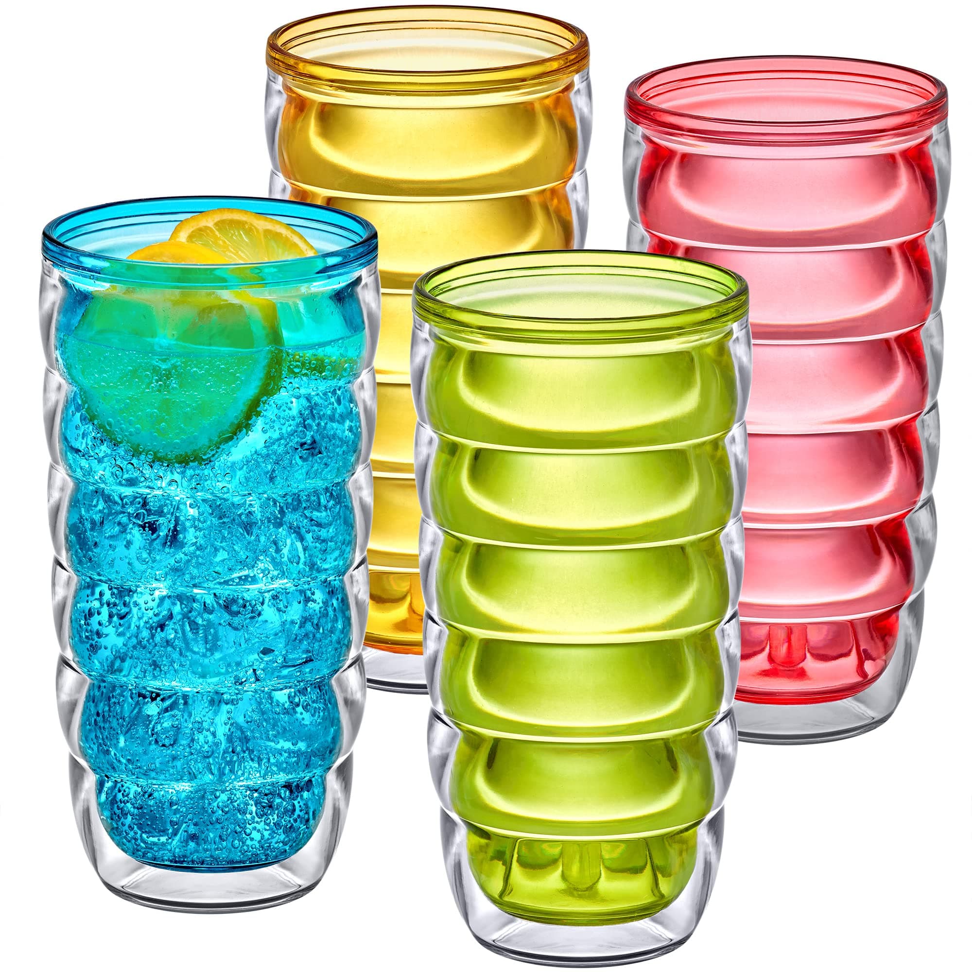 Amazing Abby - Arctic - 24-Ounce Insulated Plastic Tumblers (Set of 4), Double-Wall Plastic Drinking Glasses, Mixed-Color High-Balls, Reusable Cups, BPA-Free, Shatter-Proof, Dishwasher-Safe