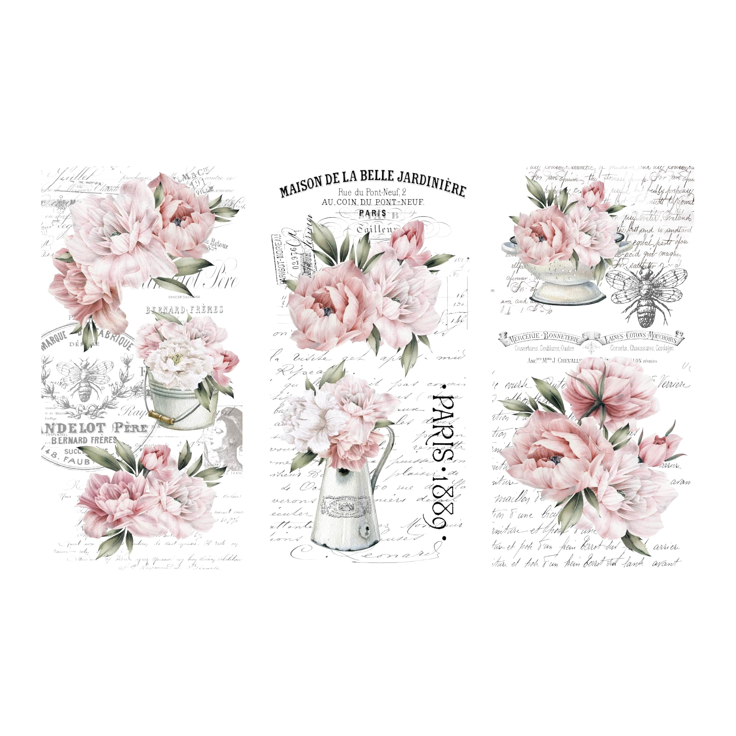 Rub on Transfers for Crafts and Furniture | 3 Design Sheets 6”x 12” | Home Decor Transfers | Furniture and Craft Decals | by Thymeless Designs (French Market Peonies)