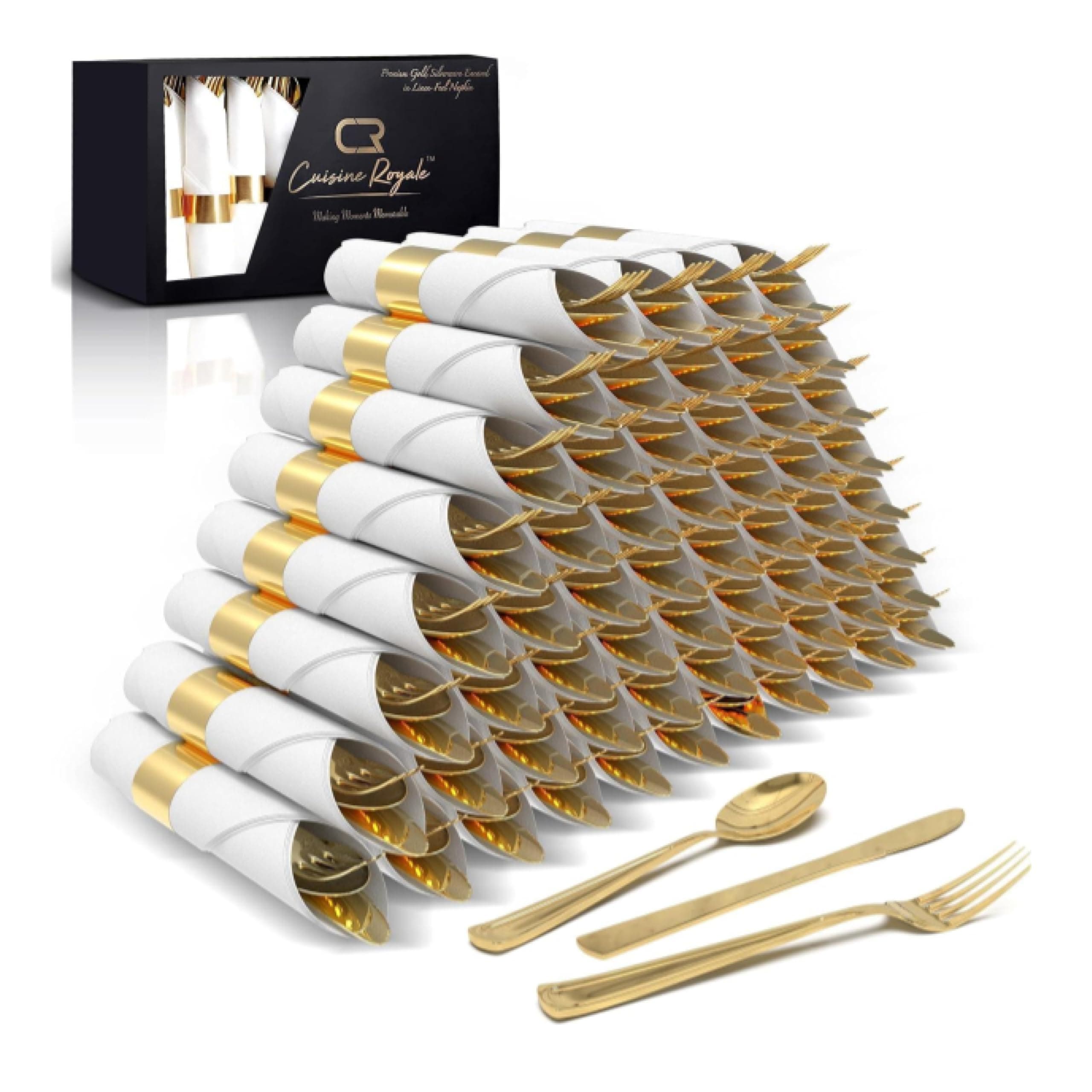 50 Pre Rolled Gold Plastic Silverware - 200pc Set, Service for 50 - Wrapped Disposable Silverware Set with Forks, Knives, Spoons, White Napkins - Fancy Decorative Flatware for Dinner, Party, Wedding