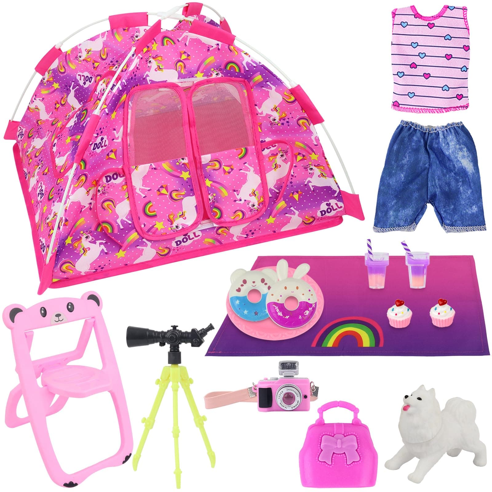 15 Pcs Doll Camping and Accessories Set for 11.5 Inch Girl Dolls Includes Tent, Clothes, Chair, Camera, Drink, Cupcake, Donut, Telescope, Toy Dog, Bag