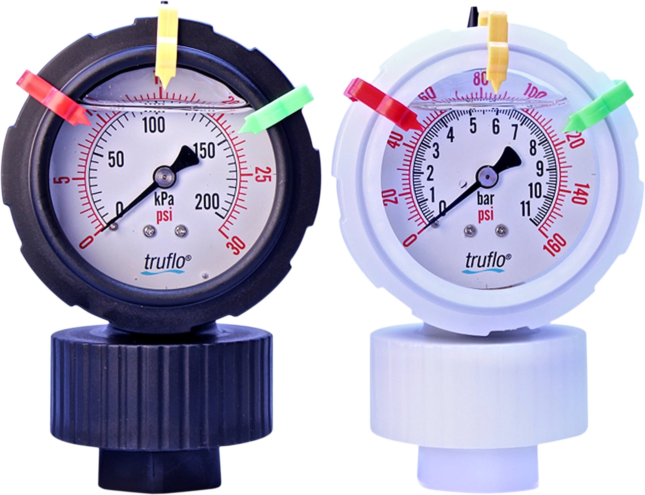 0-160 PSI ALL PLASTIC GAUGE WITH INTEGRALLY MOLDED ISOLATOR, PP HOUSING, PTFE DIAPHRAGM, 1/2" MNPT PP PROCESS CONNECTION, LIQUID FILLED, RANGE TABS