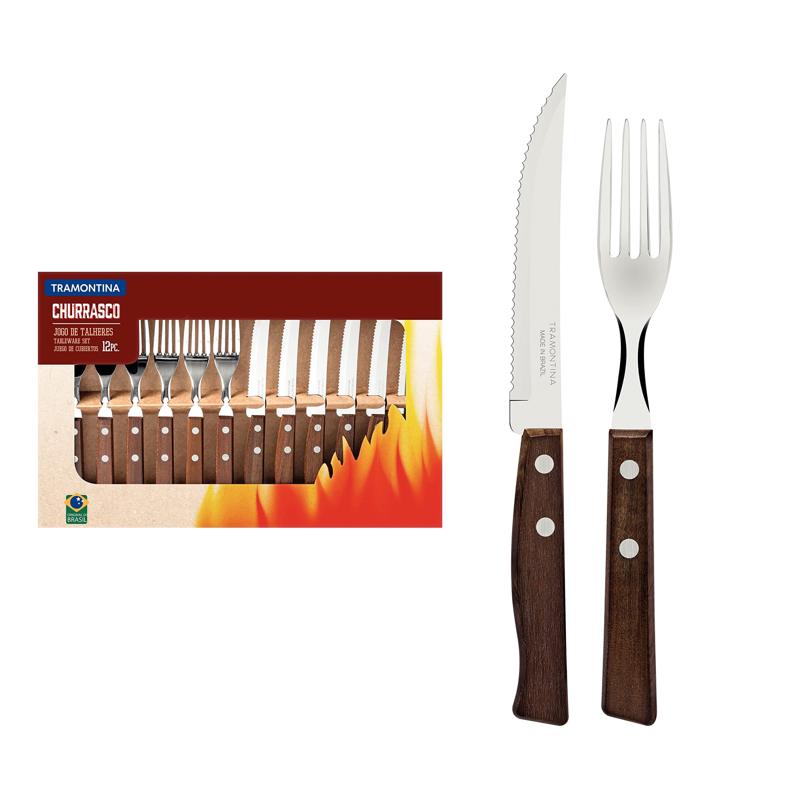 Cutlery Set with Steak Knives, 12 Piece Sharp Knife and Fork Set with Wooden Handles, Camping, Kitchen, Rustic, 22299002