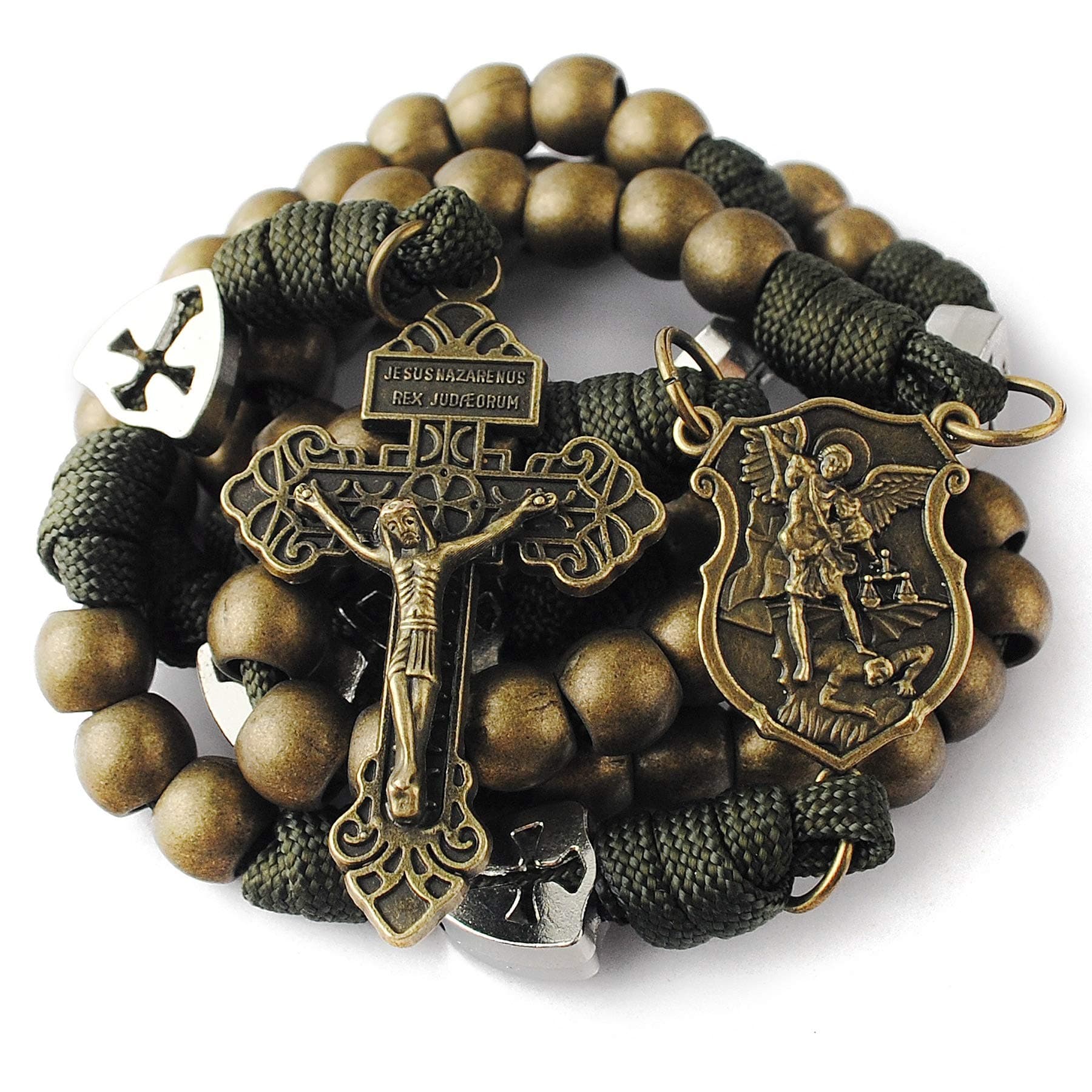 Large and Heavy Antique Bronze Metal Beads Rugged Durable Paracord Rosary Necklace with St.Michael Center Piece and Pardon Crucifix for Men