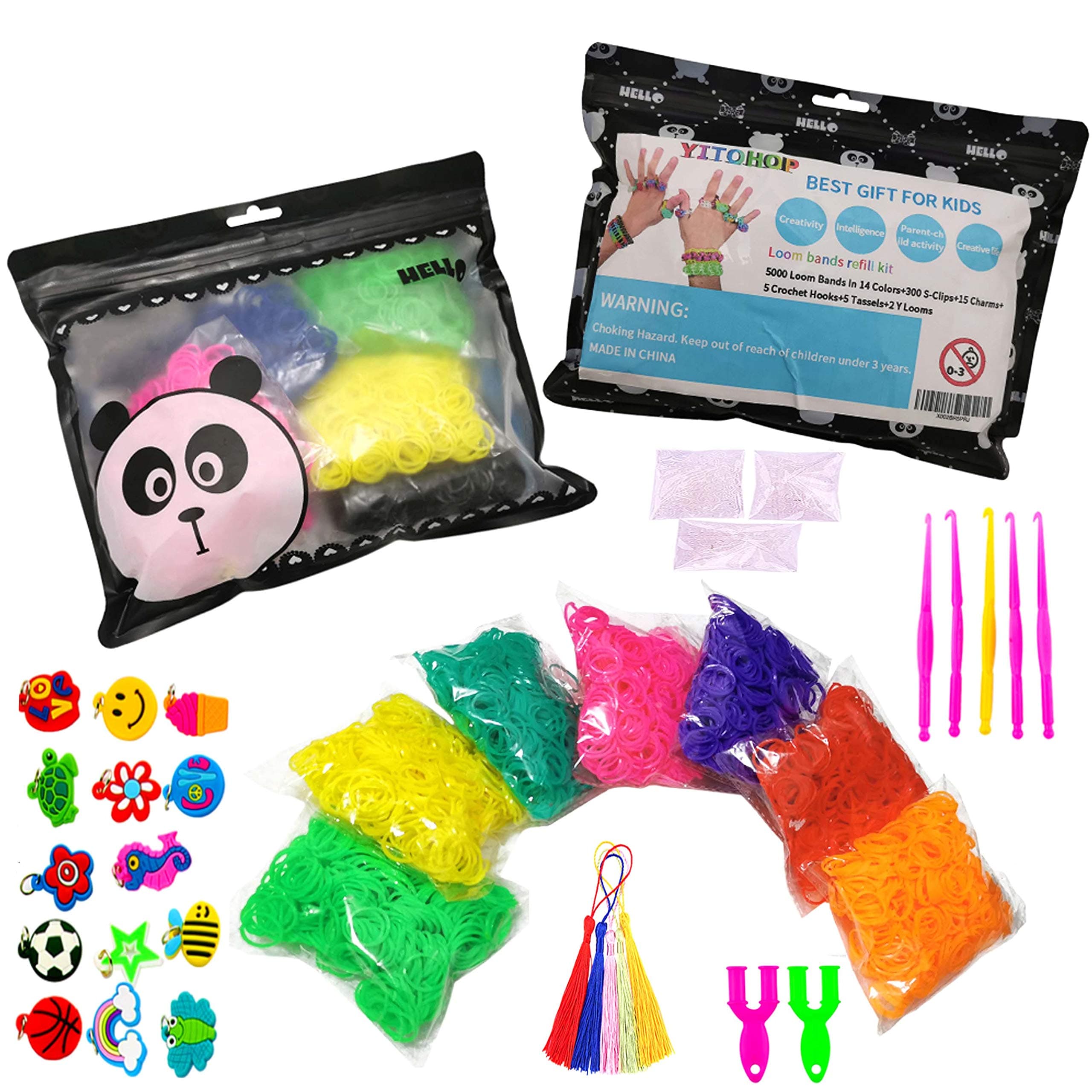 Loom Bands Kit, Rubber Bands Bracelet Refill Kit Include:5000 Loom Bands in 14 Colors+300 S-Clips+15 Charms+5 Crochet Hooks+5 Tassels+2 Y Looms -Birthday Gifts Present Xmas