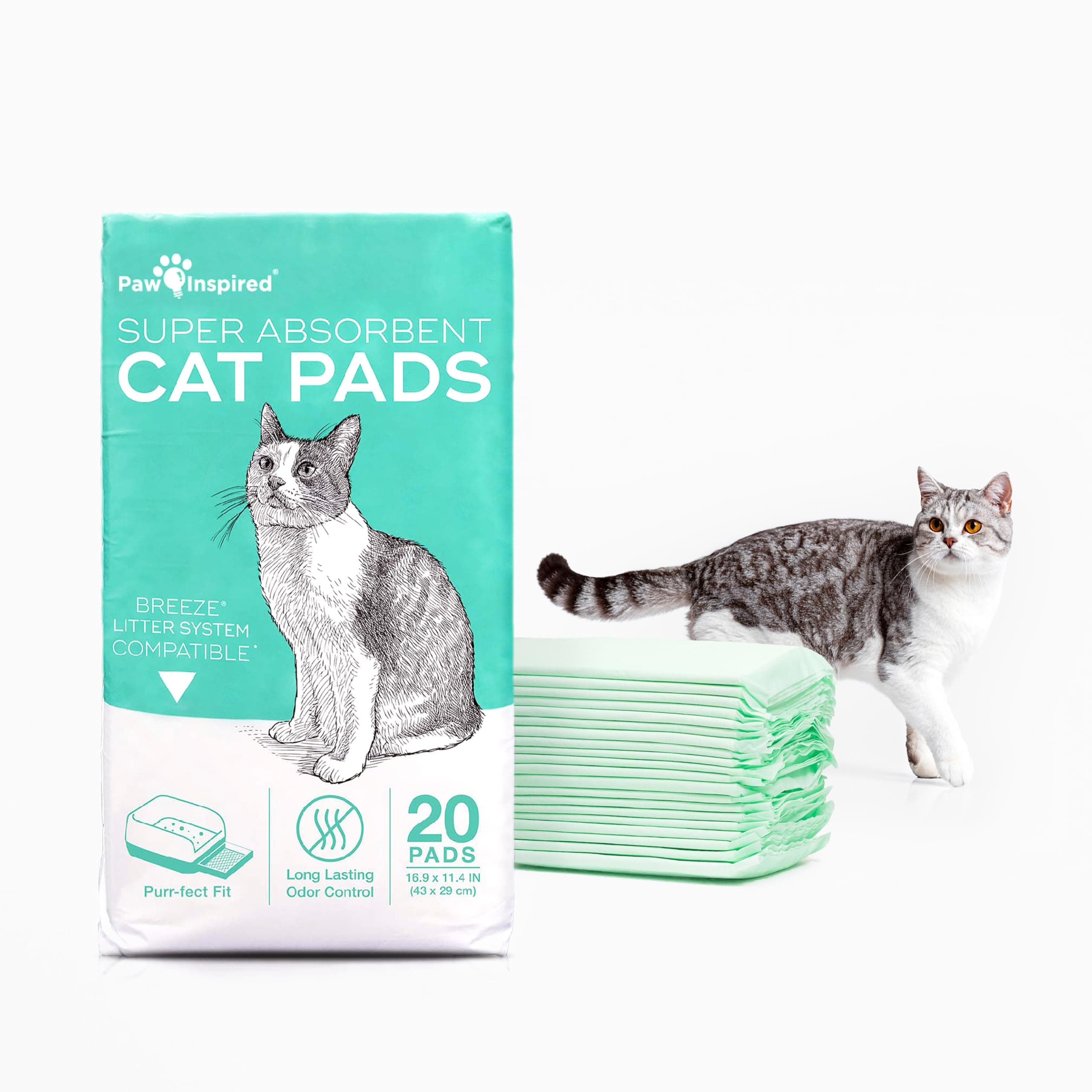 Paw Inspired Cat Pads, Generic Refills for Tidy Cats Breeze Litter Box System, Disposable Kitty Litter Liners, Super Absorbent Pee Pads, 16.9 x 11.4 Inch (Original/Unscented, 20 Count)