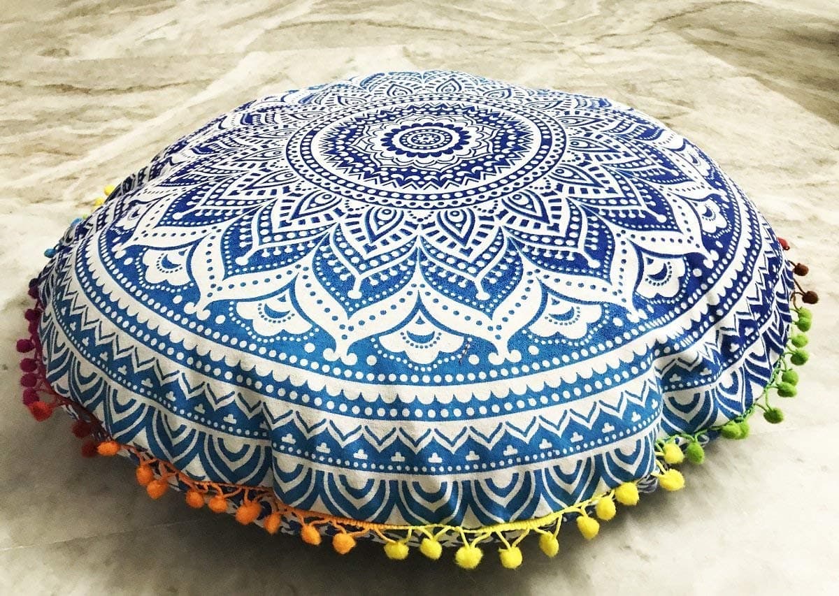 Tapestry Bazar Flower Ombre Psychedelic Mandala Hippie Gypsy Boho Bohemian Beach Throw Floor Pouf Ottoman Cotton Cushion Cover without Filler (22-Inch, Sea Blue)
