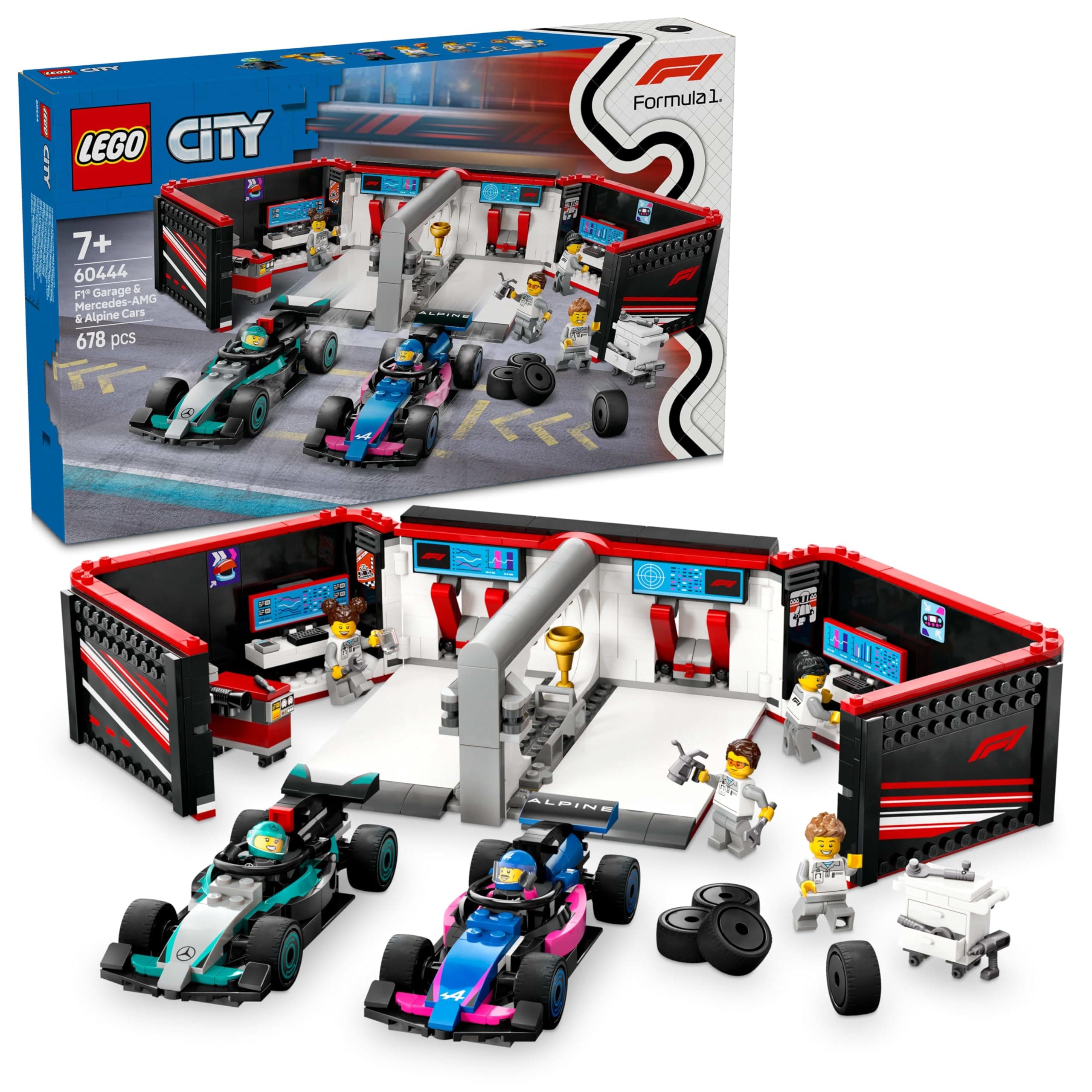 - City F1 Garage & Mercedes-AMG & Alpine Cars Toy Playset 60444 Building Blocks Toys for 7+ Gift for Boys and Girls