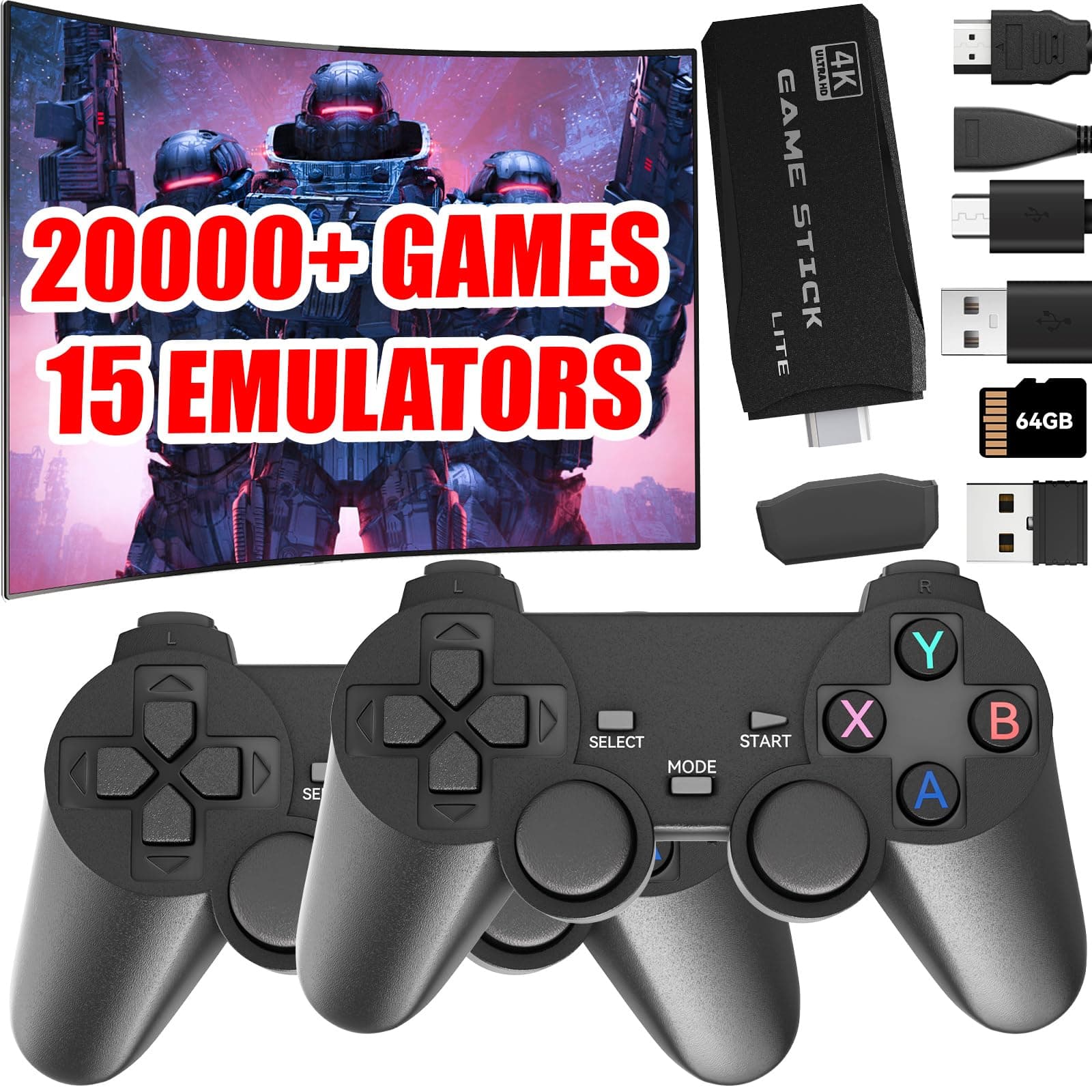 Retro Gaming Console, Wireless Stick Game with 20,000+ Games & Built-in 9 Emulators Game Console Plug and Play Video Games Console (64G)