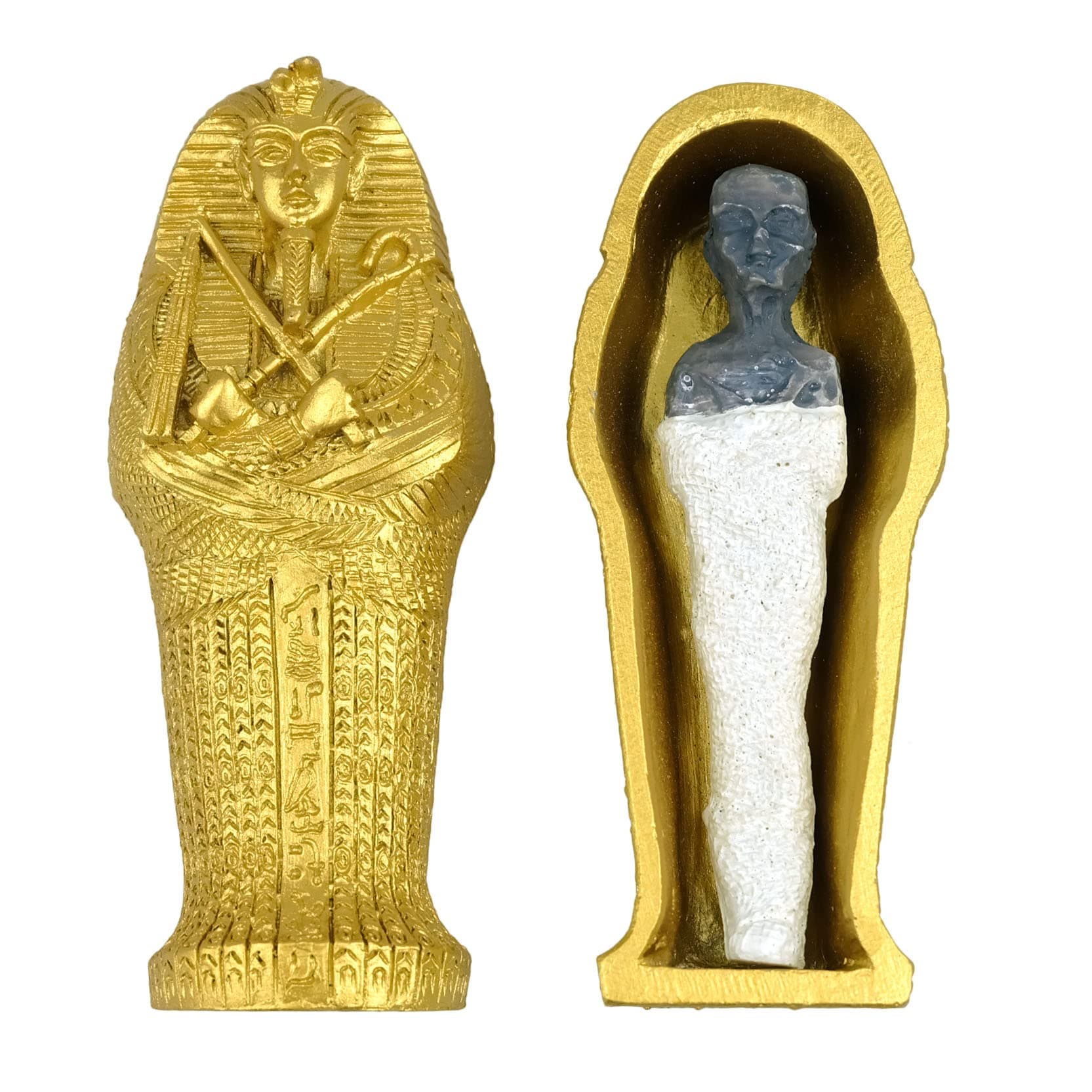 TRANSGOOD 3.5" Egyptian Mummy Pharaoh Sarcophagus w/Mummy Figurine Home Decor Collectible Egypt Souvenirs(Gold)