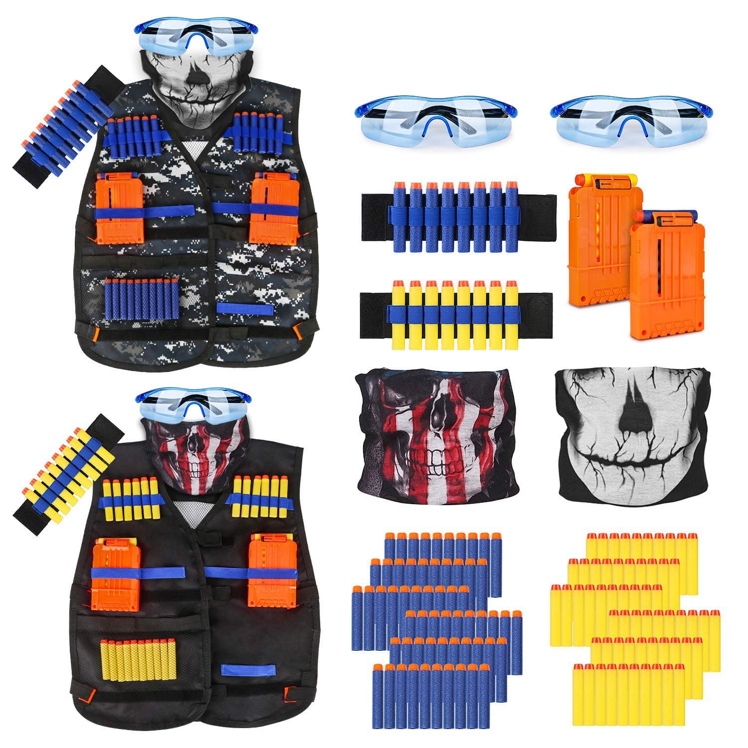 Kids Tactical Vest Kit for Nerf Guns Series with Refill Darts,Dart Pouch, Reload Clips, Tactical Mask, Wrist Band and Protective Glasses,Nerf Vest Toys for 4 5 6 7 8 9 10 11 12 Year Boys(2 Pack)