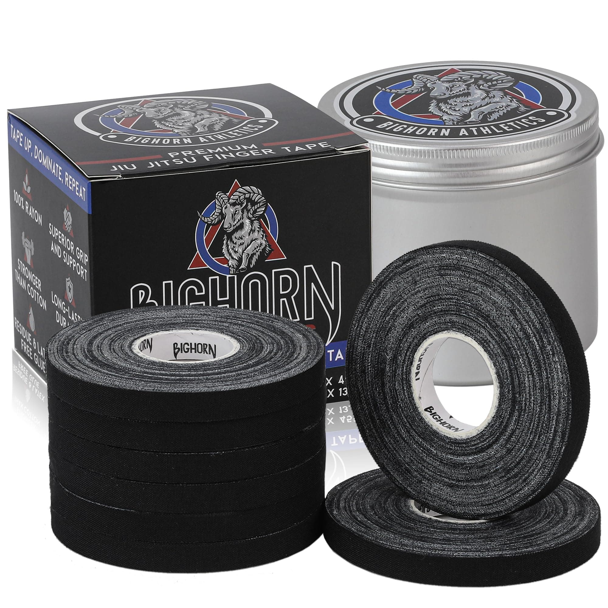 Pro Series Jiu-Jitsu Finger Tape, 8-Rolls with Tin Holder, Enhanced Extra Strength, Residue-Free (0.3-Inch, Black)