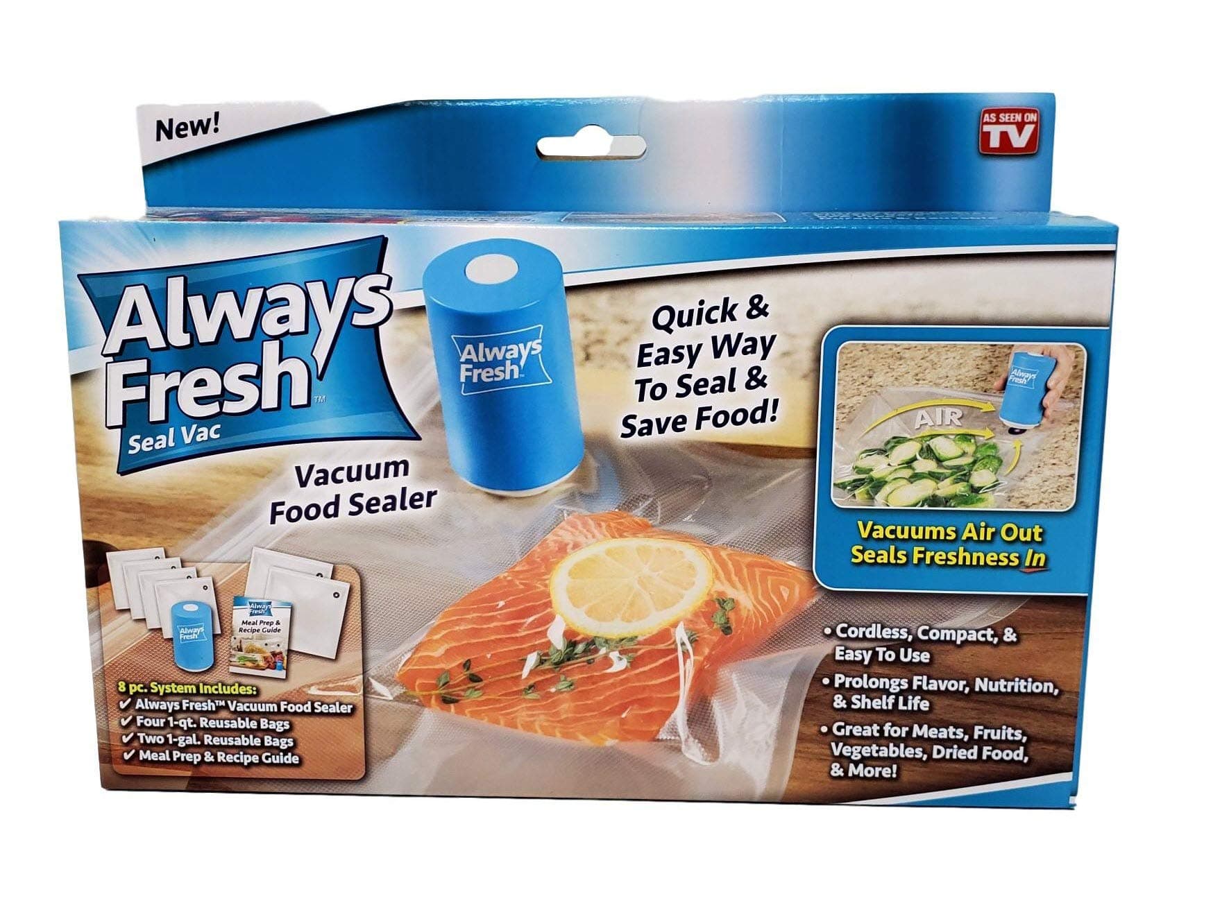 Vacuum Sealer Always Fresh Seal Vac, AS SEEN ON TV Automatic Vacuum Air Sealing For Food Preservation Includes Seal Vac, Six reusable bags … (Blue)