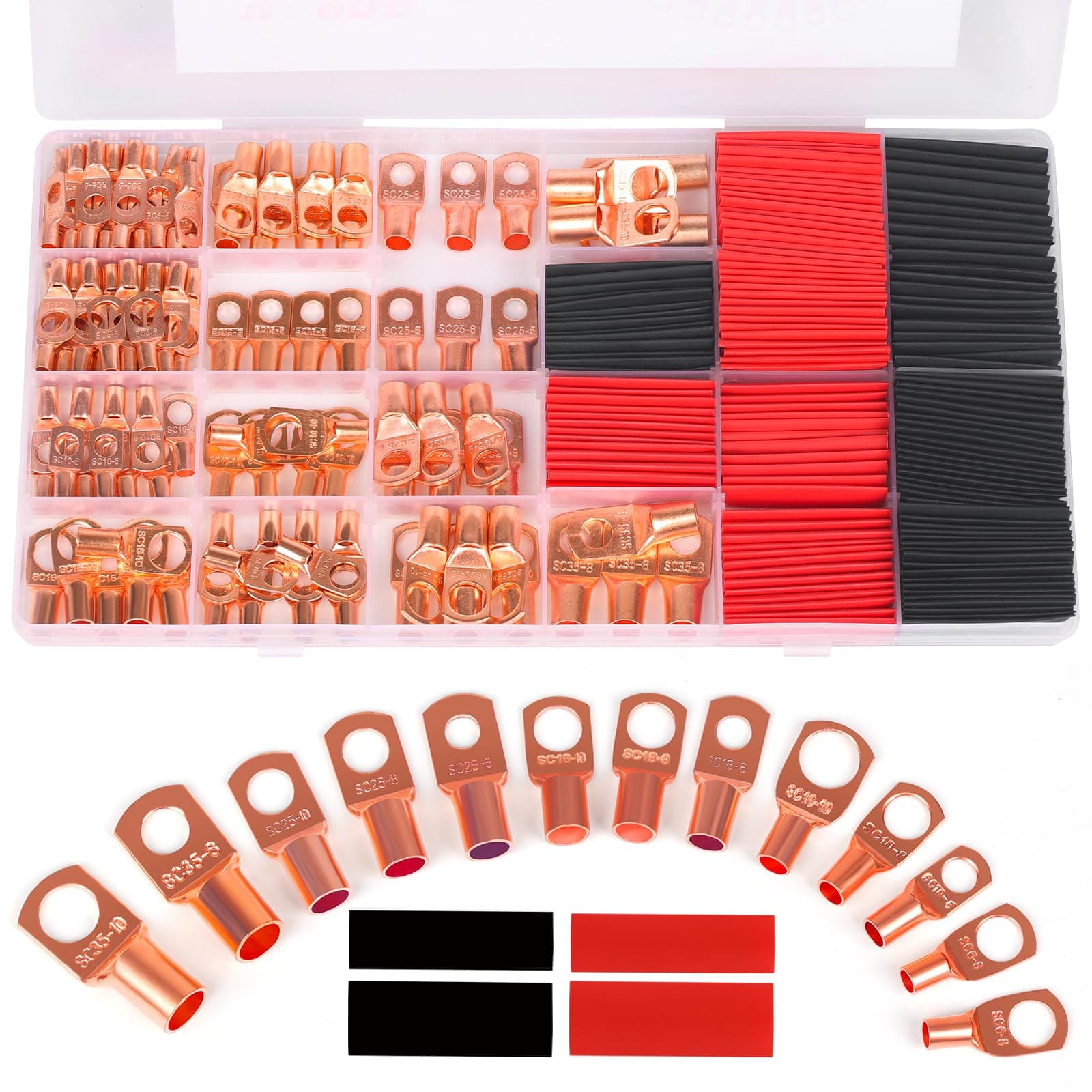 Copper Wire Lugs,Terminal Connectors,Used on AWG12 10 8 6 4 2 Cable,Heat Shrink Set,Bare Copper Eyelets,Ring Terminals Connectors,120Pcs Battery Cable Lugs Ends and 140Pcs Heat Shrink Tubing (260PCS)