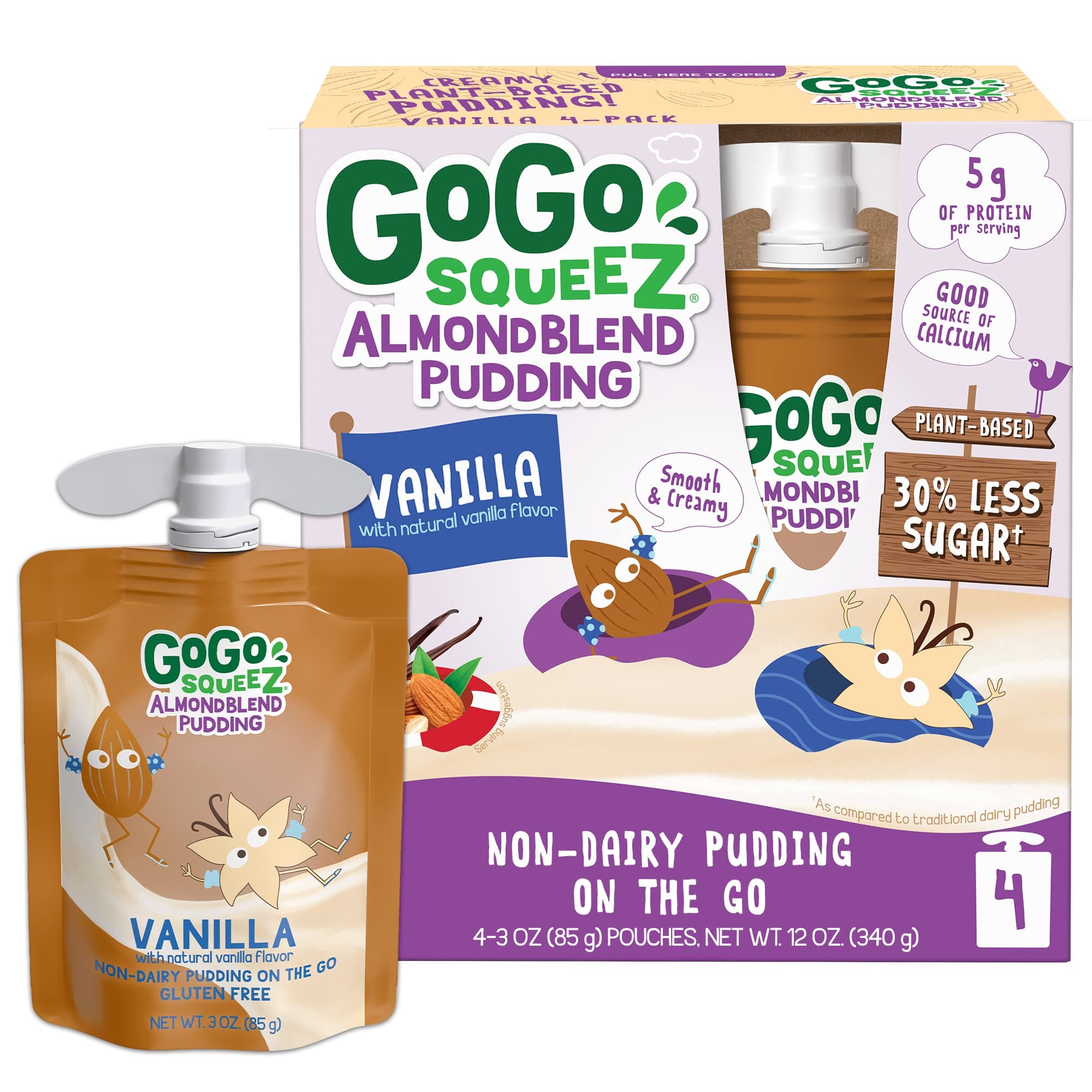 GoGo squeeZ AlmondBlend Pudding, Banana, 3 oz. (4 Pouches) - Non-Dairy Almond Pudding Kids Snacks - Pantry Friendly Snack - No Preservatives - Gluten Free Snacks for Kids