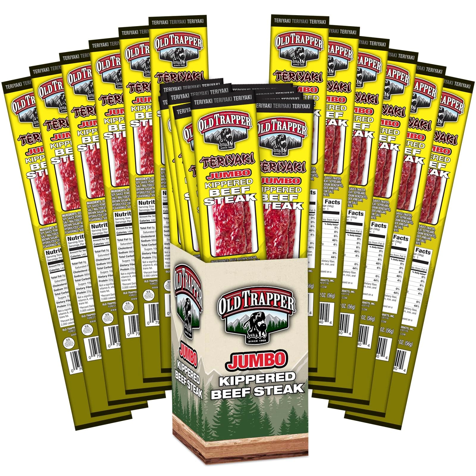 Old Trapper Kippered Steak, Teriyaki Flavor, Two-Ounce Individually Wrapped Packages, Savory and Sweet Savory Meat Snack for Between Meal Bites, 22 Grams of Protein per Serving (Pack of 12)