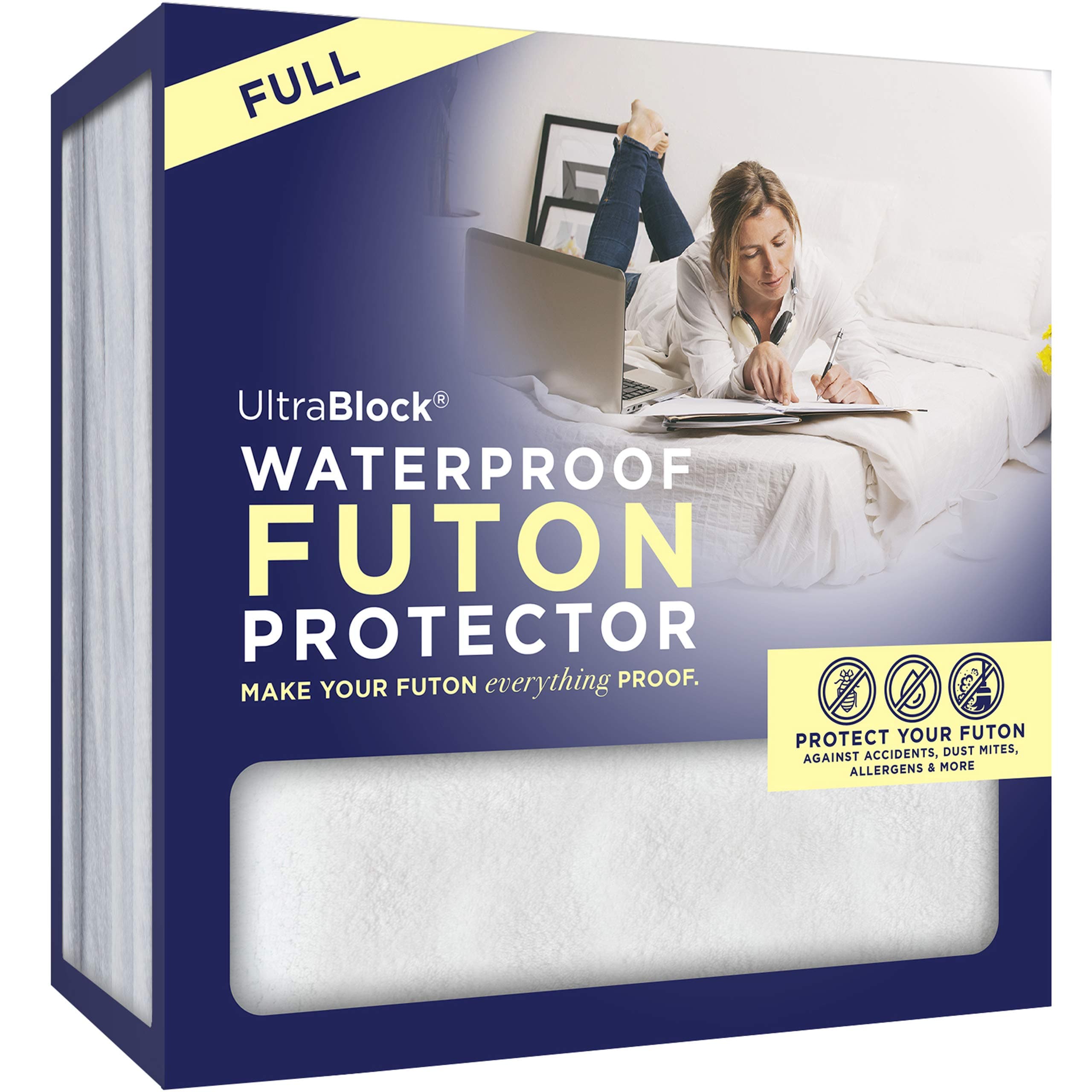 UltraBlock Futon Cover - Washable, Waterproof, Soft Cotton Full Futon Mattress Cover, White