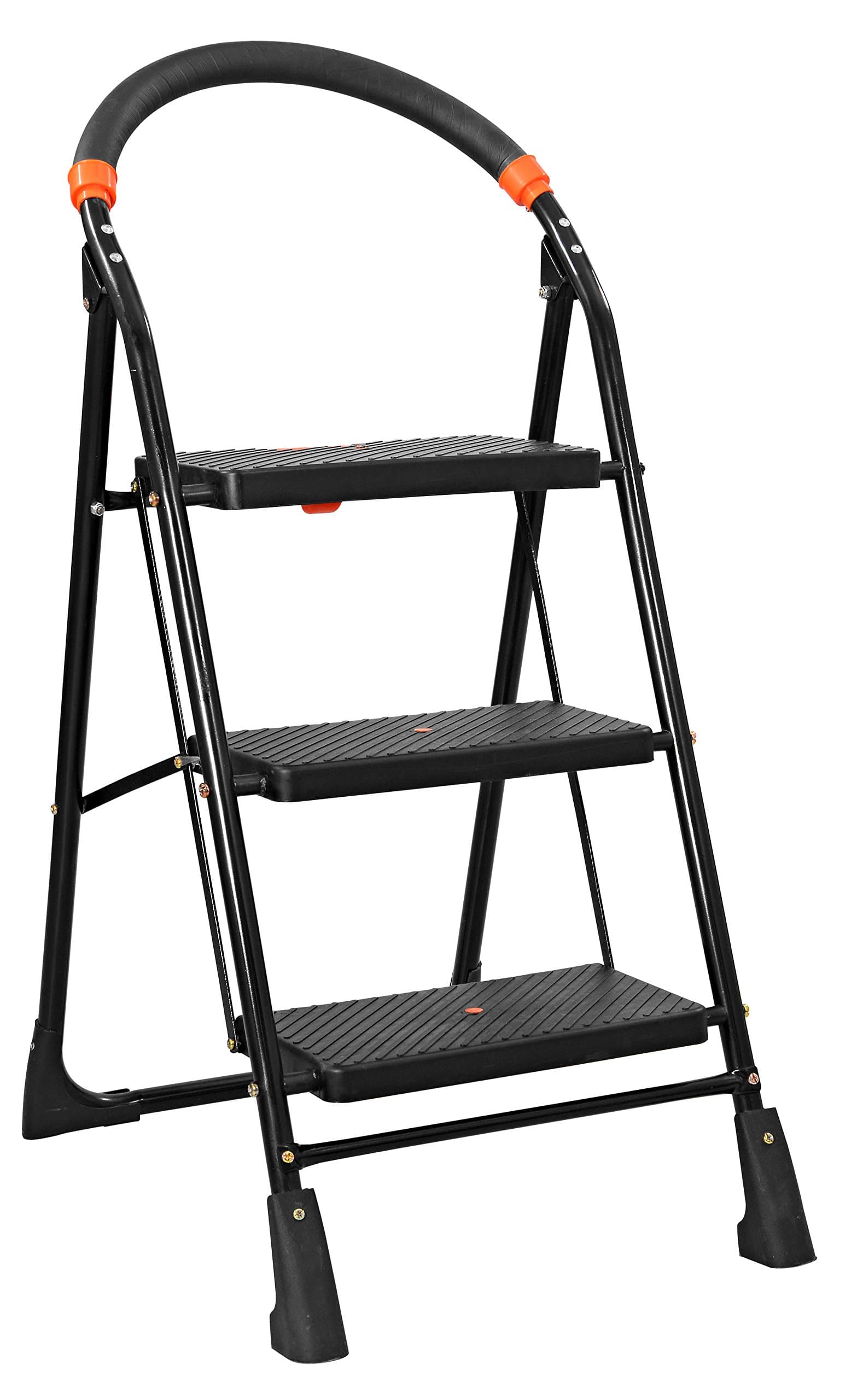 Saimani Trendy Aluminium Foldable Step Ladder, Firm Grip, 3 Steps with Knee Guard and Anti-Skid Shoes (Aluminium Steps, Blue & Satin)