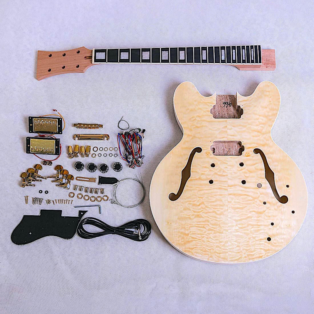 Coban Guitars Electric Semi Hollow DIY Guitar Kit ES240 Mahogany Body Quilted Maple Veneer Gold Hardware Black Fittings