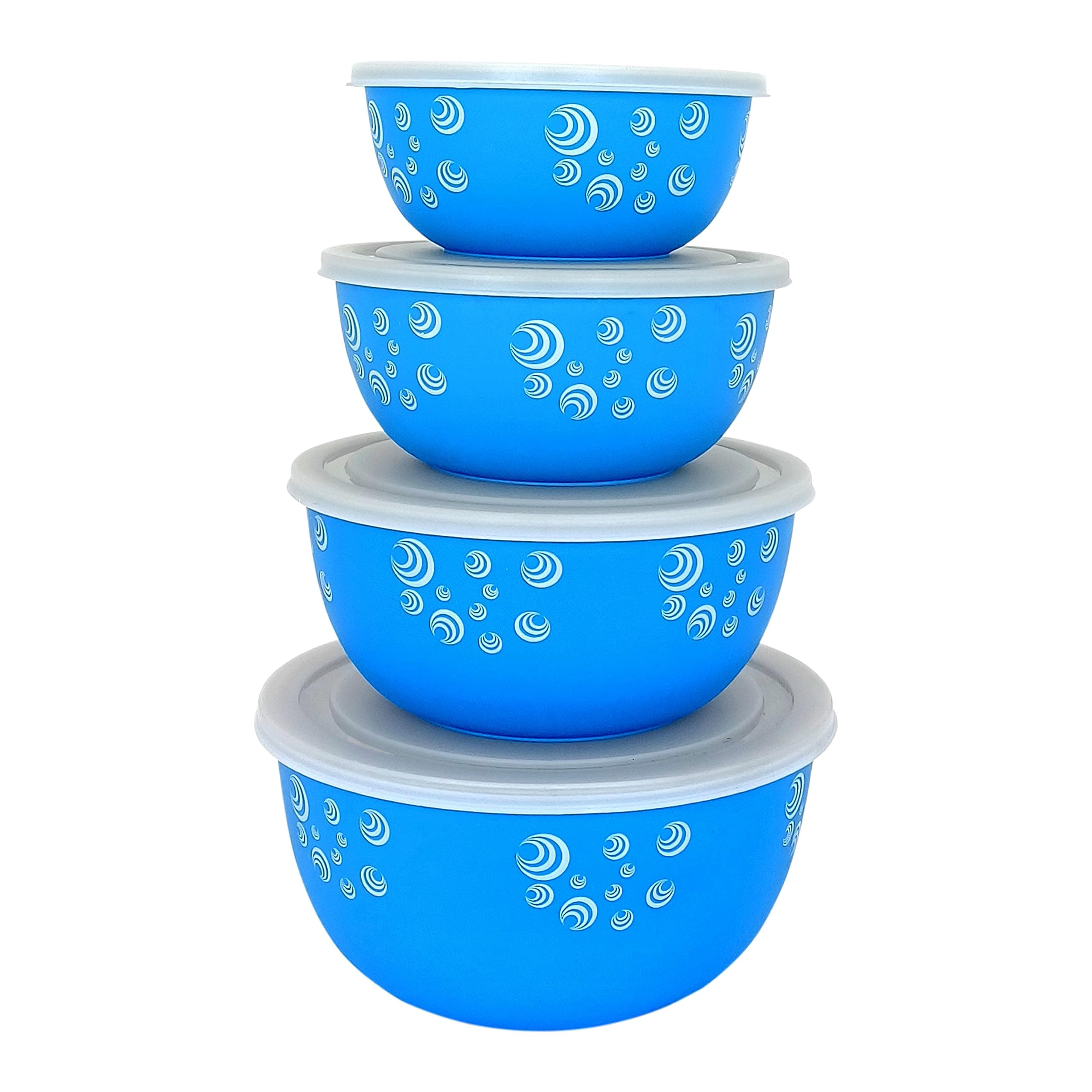 Zaib Microwave Safe Stainless Steel Bowl Set of 4 with Lid for Your Kitchen | Steel Container to Storage Food, Serving, Reheating and Refrigerating in Fridge (Blue Spiral, 4)