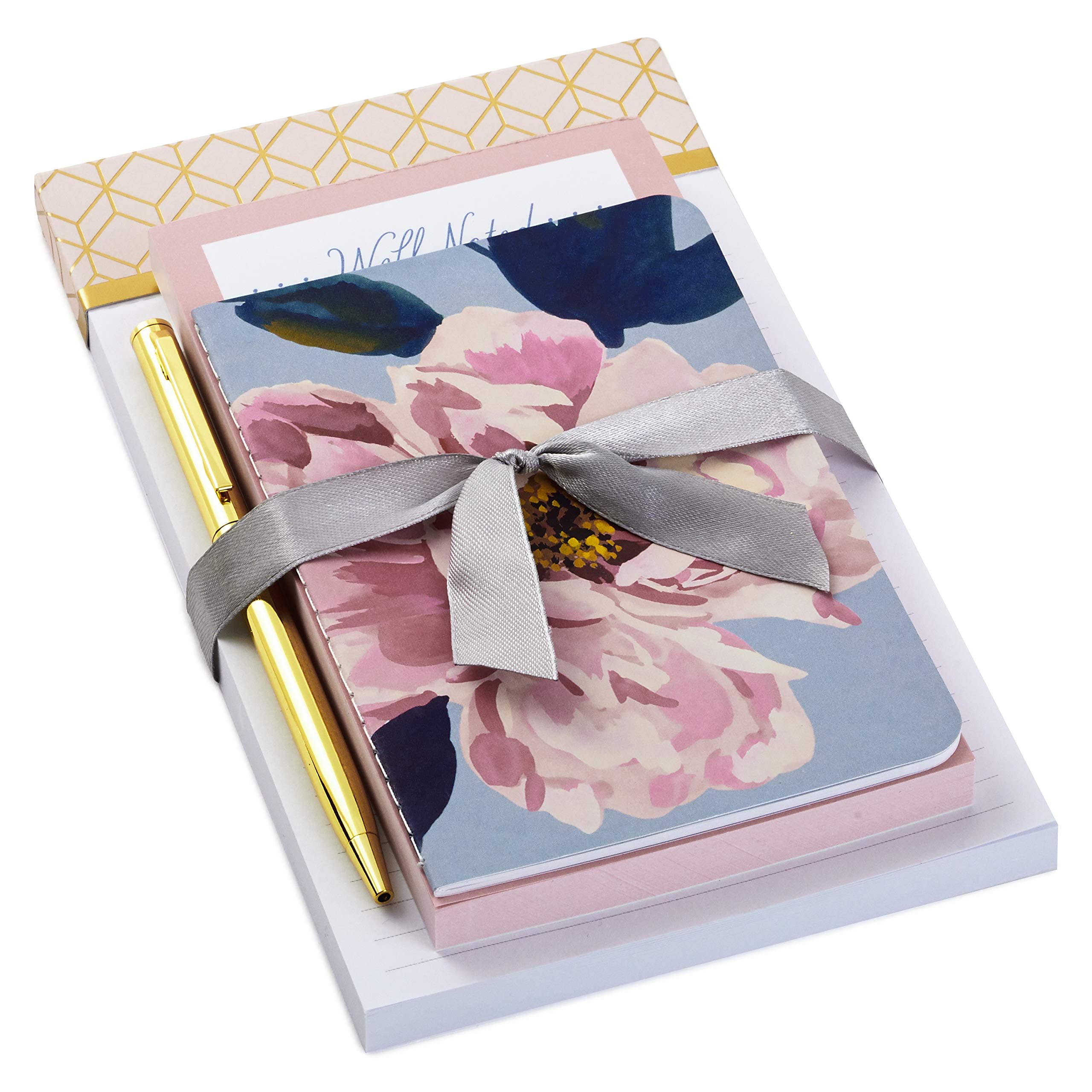 Notepad Bundle with Pen, Pretty Pinks (3 Notepads in Assorted Sizes with Gold Pen)