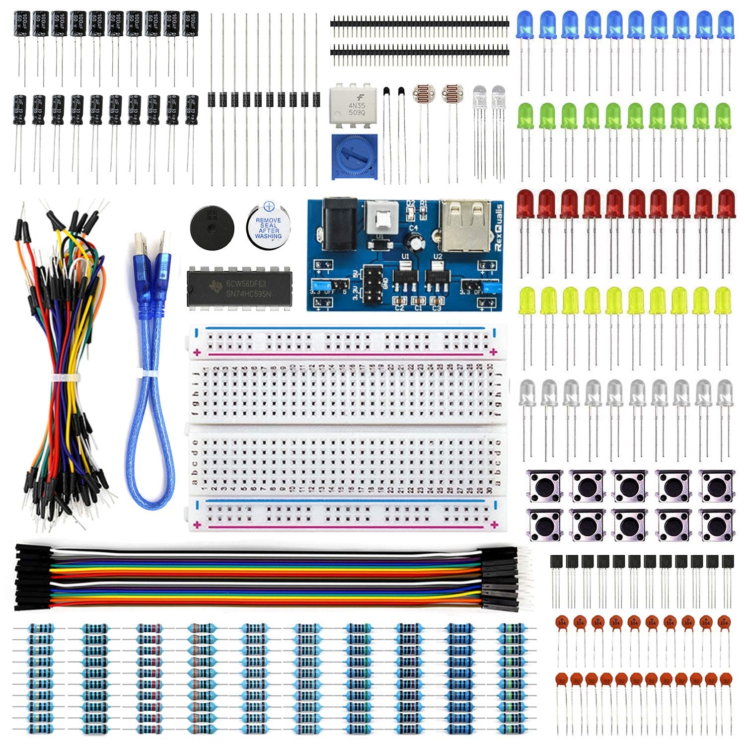 REXQualis Electronics Basic Kit w/Power Supply Module, Breadboard, Jumper Wire, LED,Resistor for Arduino, Raspberry Pi