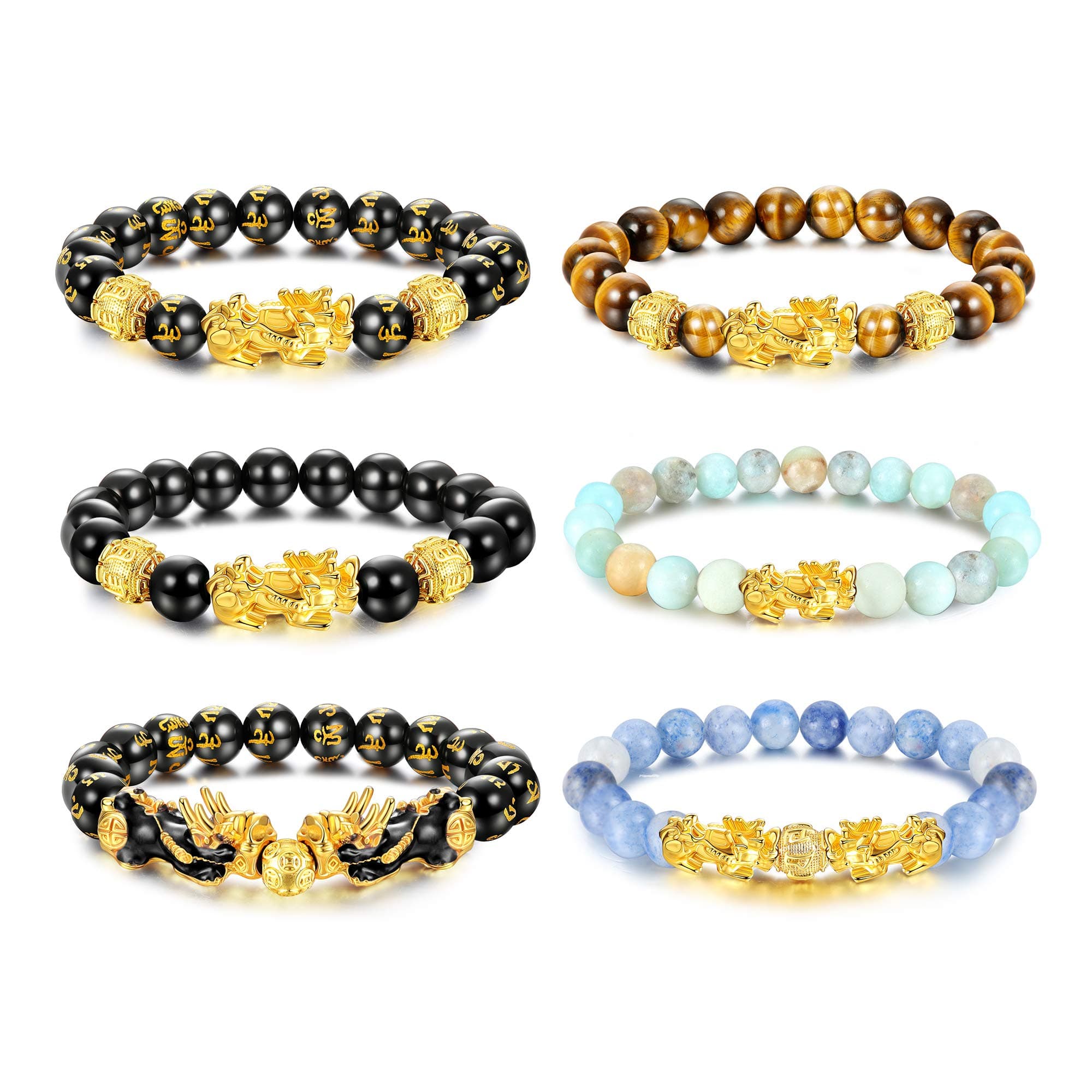 sailimue6 Pcs Feng Shui Pixiu Good Luck Bracelets for Men Women Natural Stone Tiger Eye Bead Bracelet Pi Yao Chinese Dragon Charm Adjustable Feng Shui Black Obsidian Wealth Bracelet Set