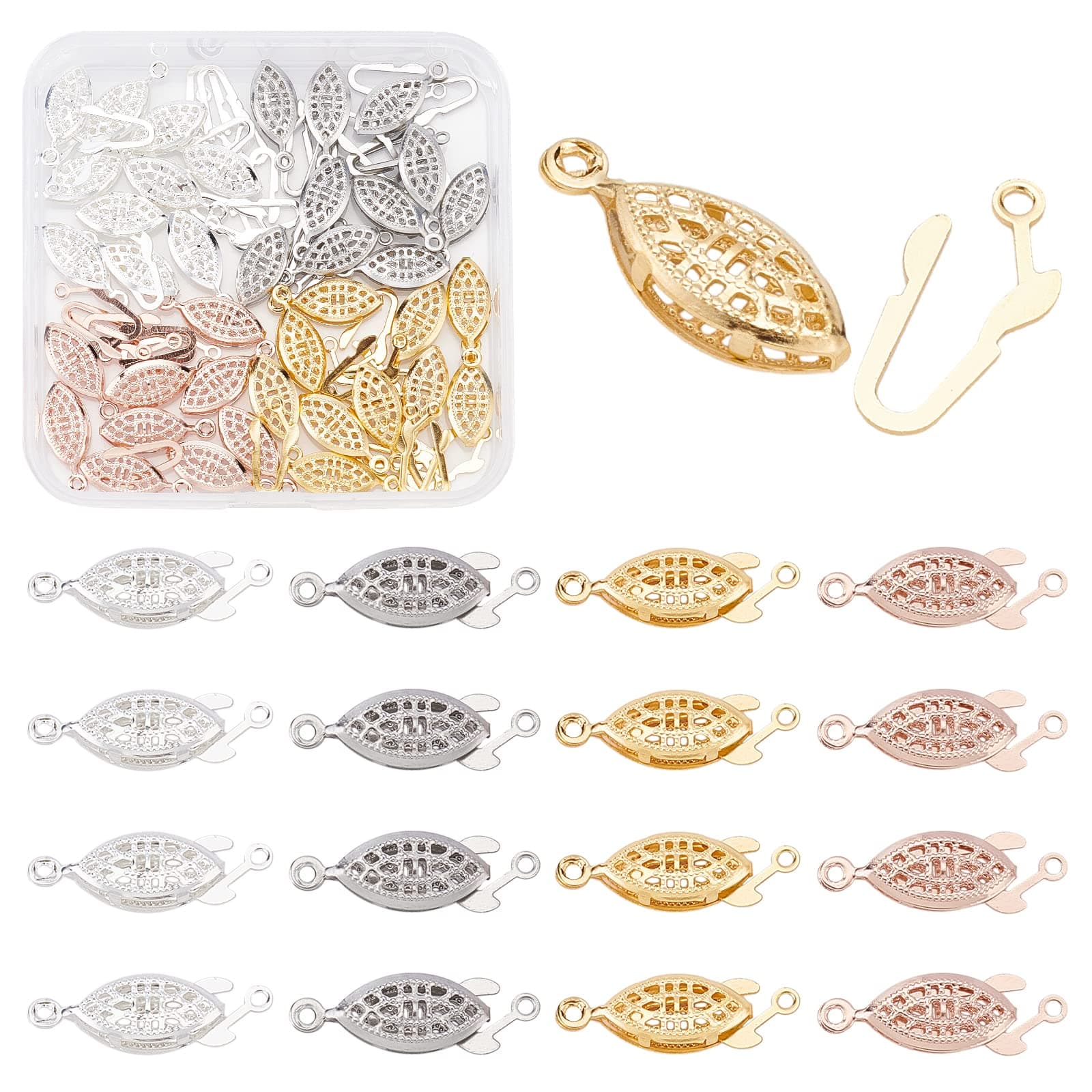 PH PandaHall 40 Sets Filigree Clasp, 4 Color Oval Box Clasps Jewelry Slide Clasp Necklace Bracelet Connectors Filigree Fish Hook Clasps for Pearl Knotted Jewelry Making Craft Necklace Bracelet
