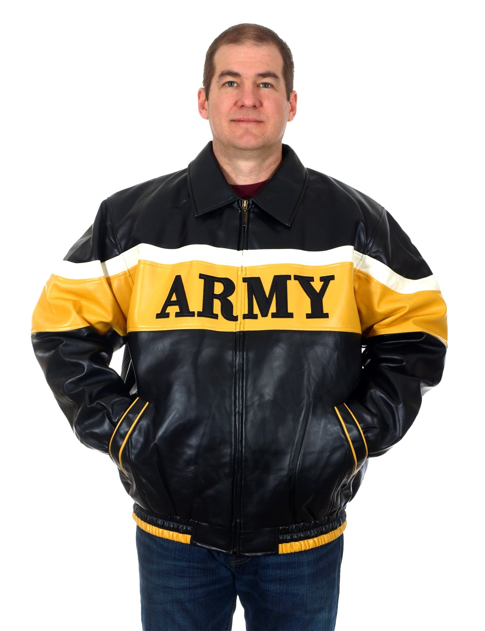 Menâ€s Officially Licensed US Army Faux Leather Bomber Jacket (Medium) Black, Yellow