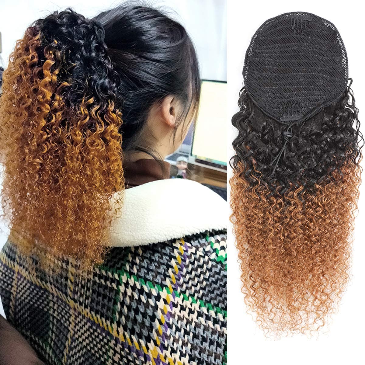 Feelgrace22" Long Curly Ponytail Hair Extension Drawstring Kinky Curly Pony Tail Hair Piece for Black Women Girls Quality Real Human Hair Clip in Ponytail Hair