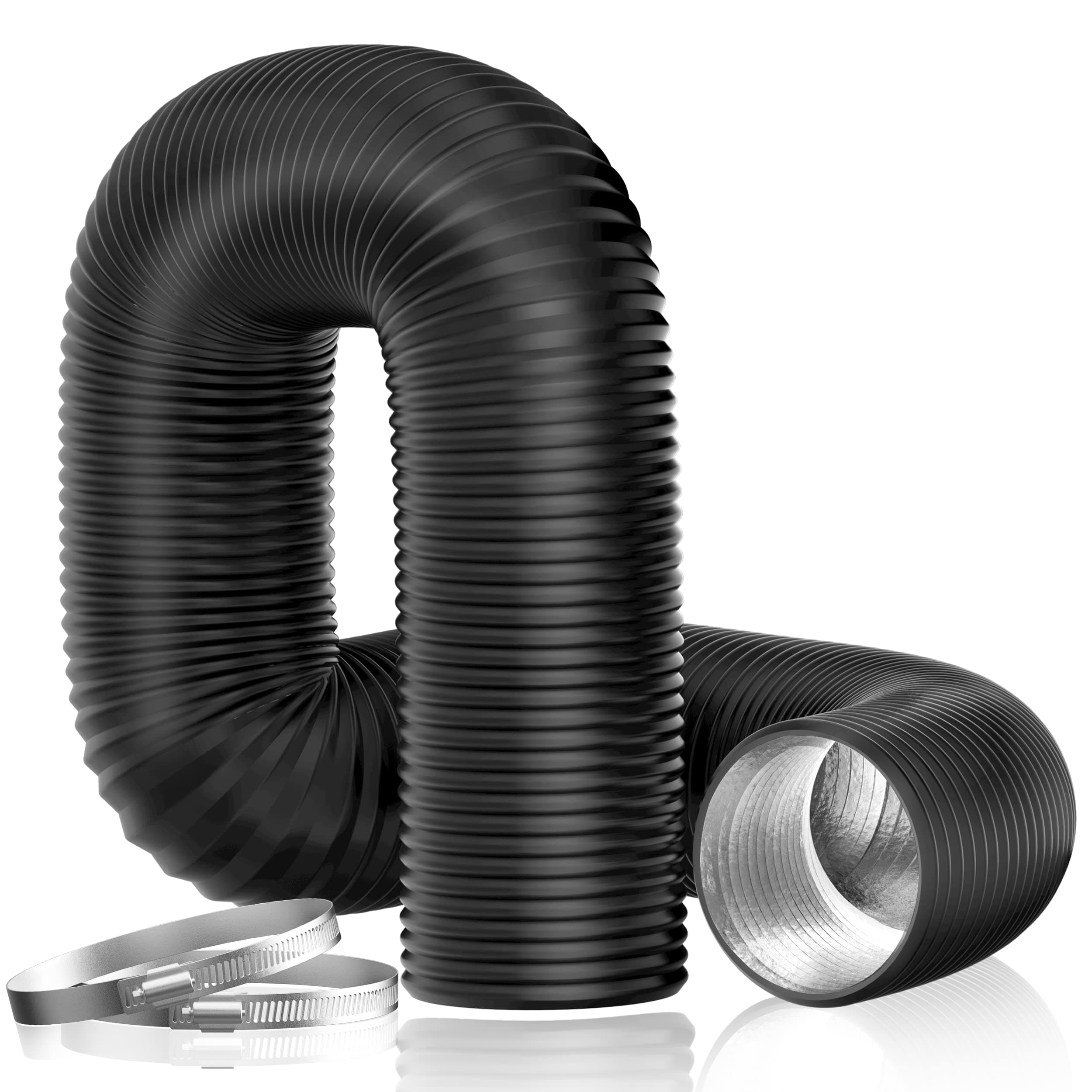 Hon&Guan Dryer Vent Hose, 4'' Flexible Duct 16FT with 2 Duct Clamps, Heavy-Duty Three Layer Protection, Black PVC, for HVAC Ventilation, Duct Fan Systems