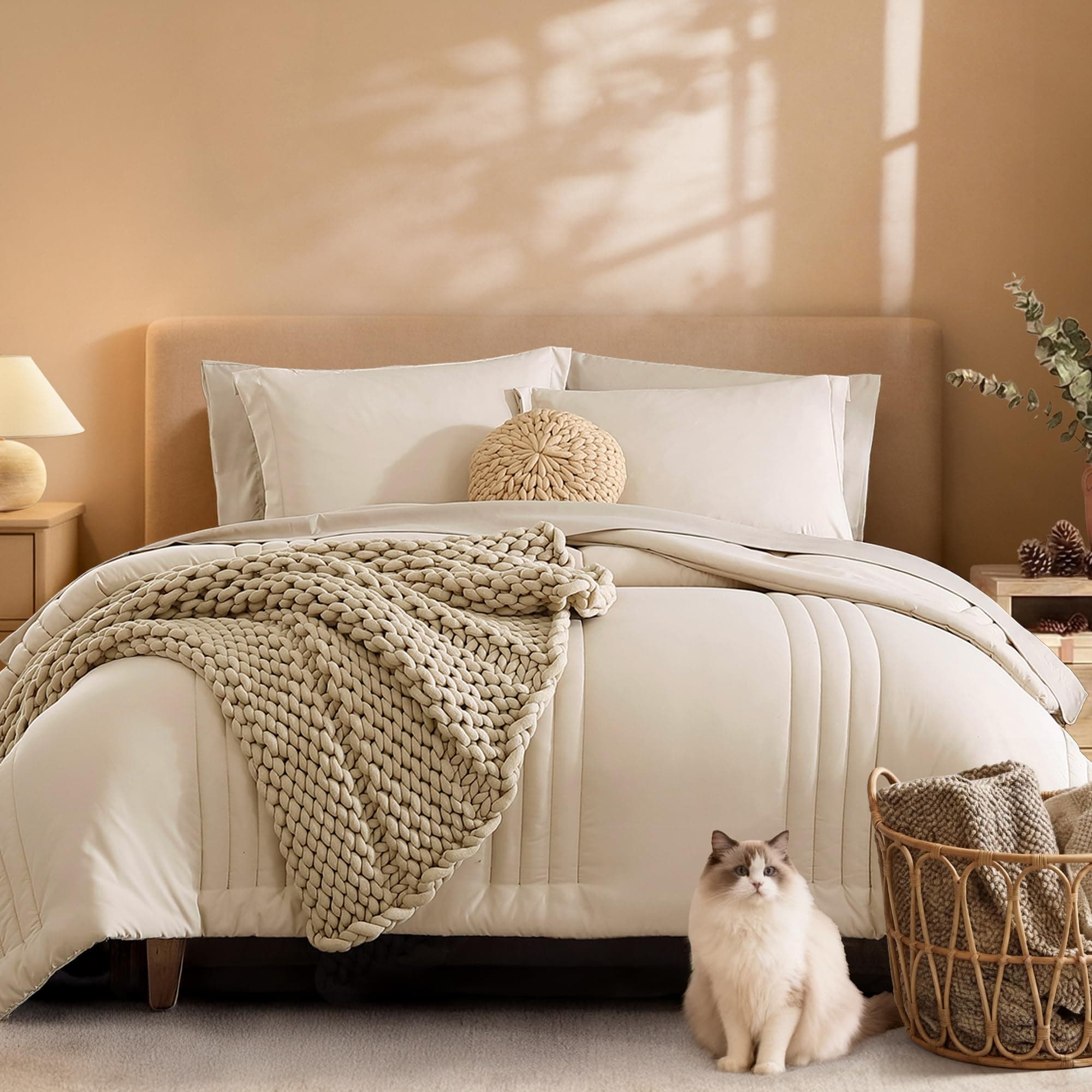 Monbix Queen Comforter Set - 7 Pieces Beige Bed in a Bag Queen Bedding Sets with Comforters, All Seasons Comforter Bed Set with Sheets, Pillowcases & Shams