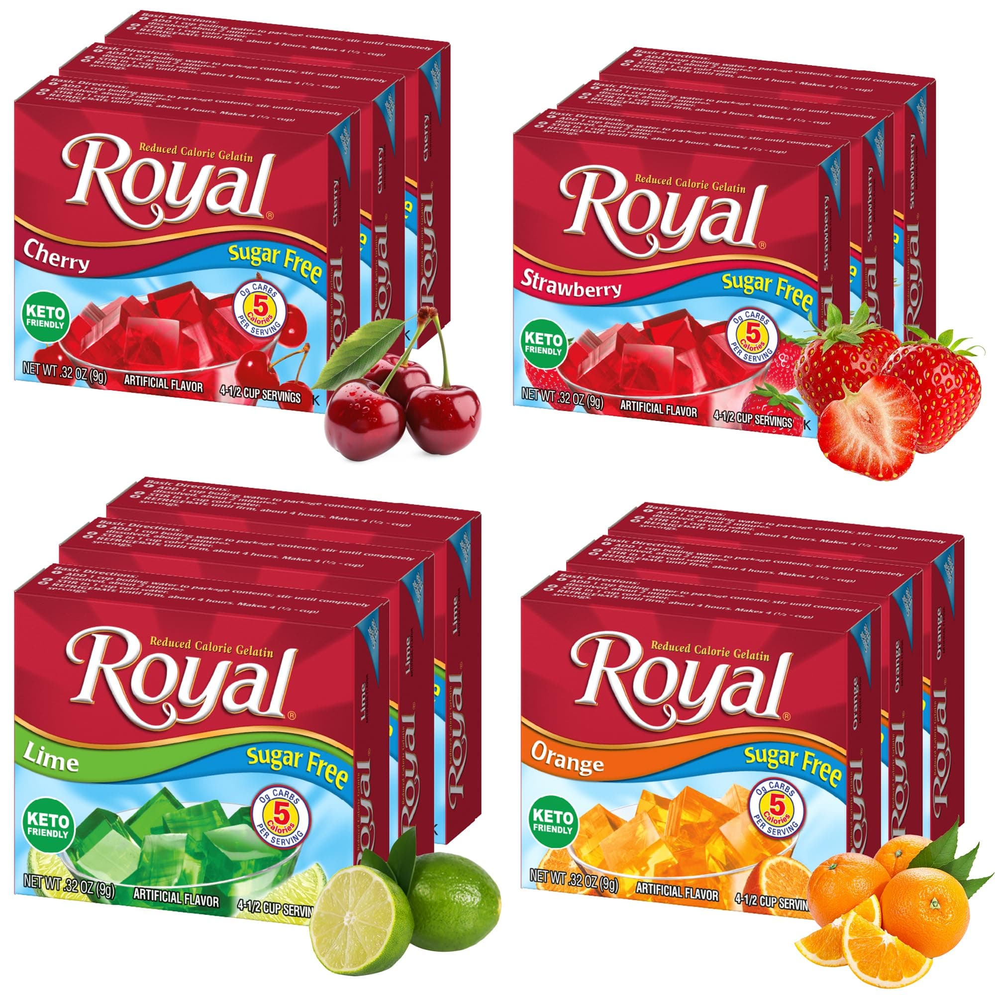 Royal Gelatin Sugar Free Variety Pack of 12-3 Boxes Each - Strawberry, Lime, Orange and Cherry - Make Low Carb Fat Free Gelatin Desserts - Keto Food or Snacks