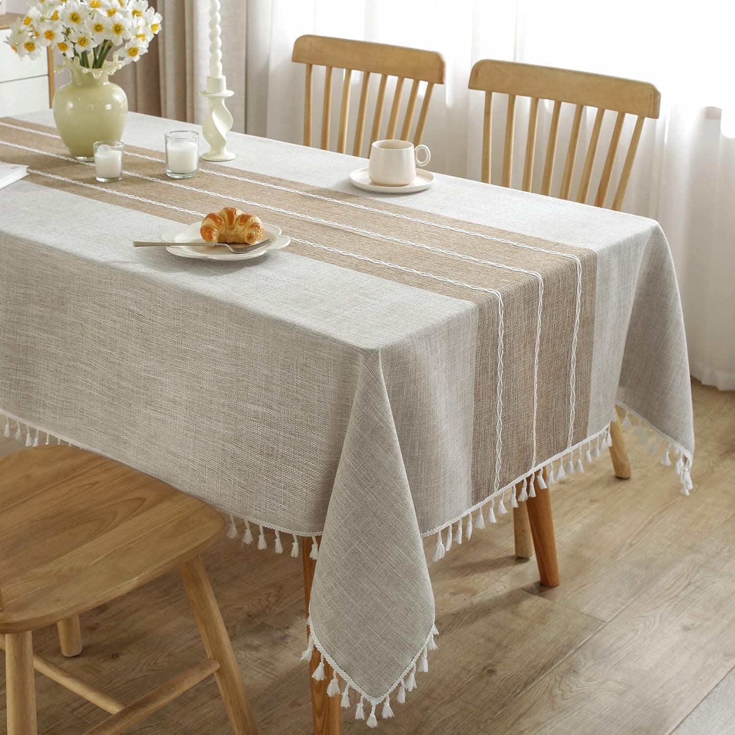 Cotton Linen Rectangular Table Cloth, Wrinkle Resistant, Waterproof Tablecloth, Washable Farmhouse Table Cover with Tassels for Kitchen Dining Table, 55''x70'', 4-6 Seats, Light Coffee