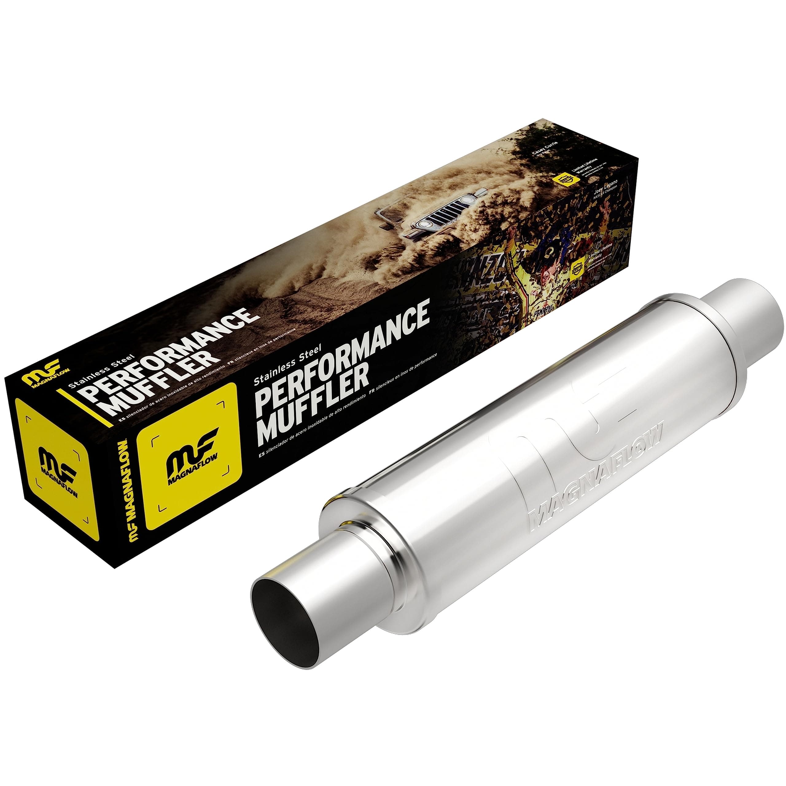 MagnaFlow Performance Exhaust Muffler 10416: 2.5"/2.5" Inlet/Outlet, 4x4x14" Round, Stainless Steel, Satin Finish