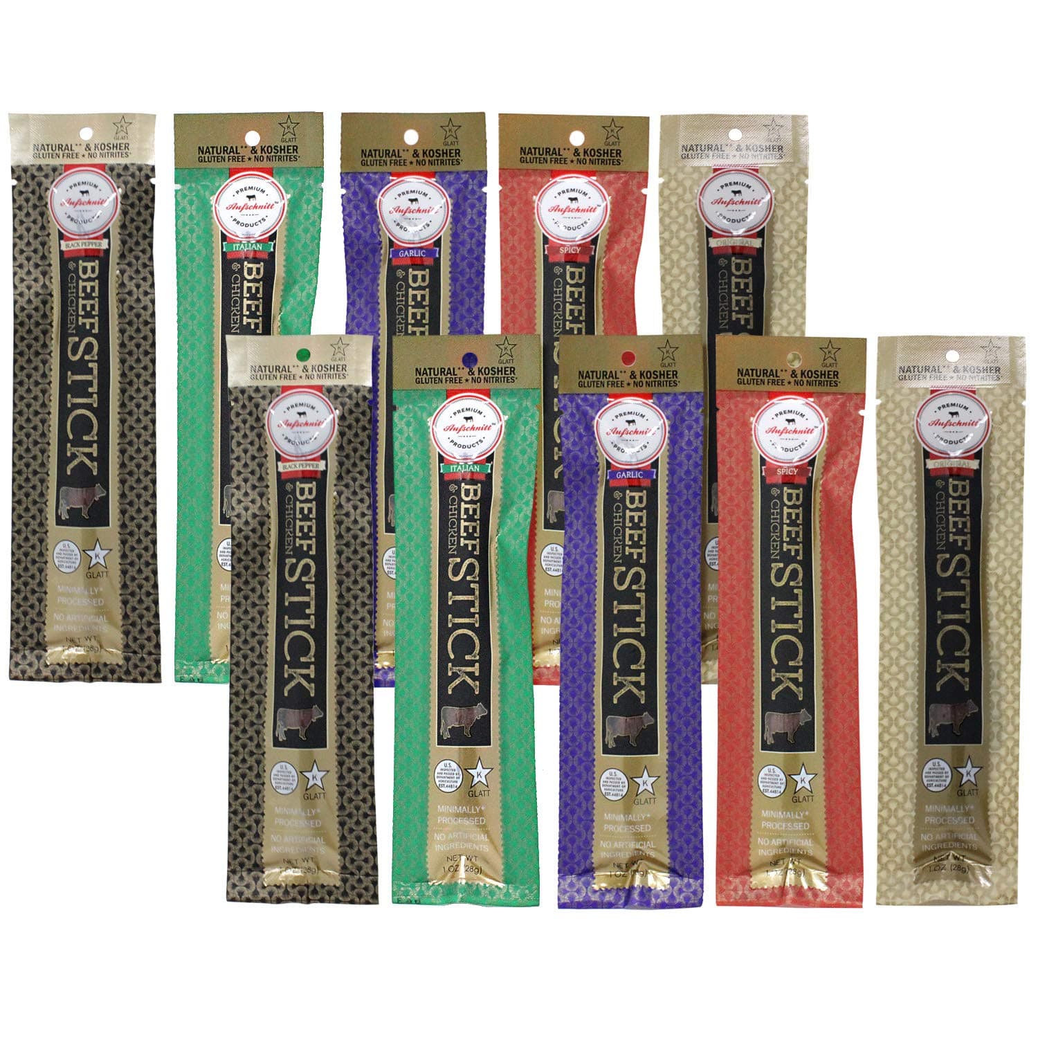 Aufschnitt Grass Fed Beef Jerky Sticks - Low Sodium, Certified Kosher - Made in USA - Keto & Halal Friendly - 10 Pack, Variety