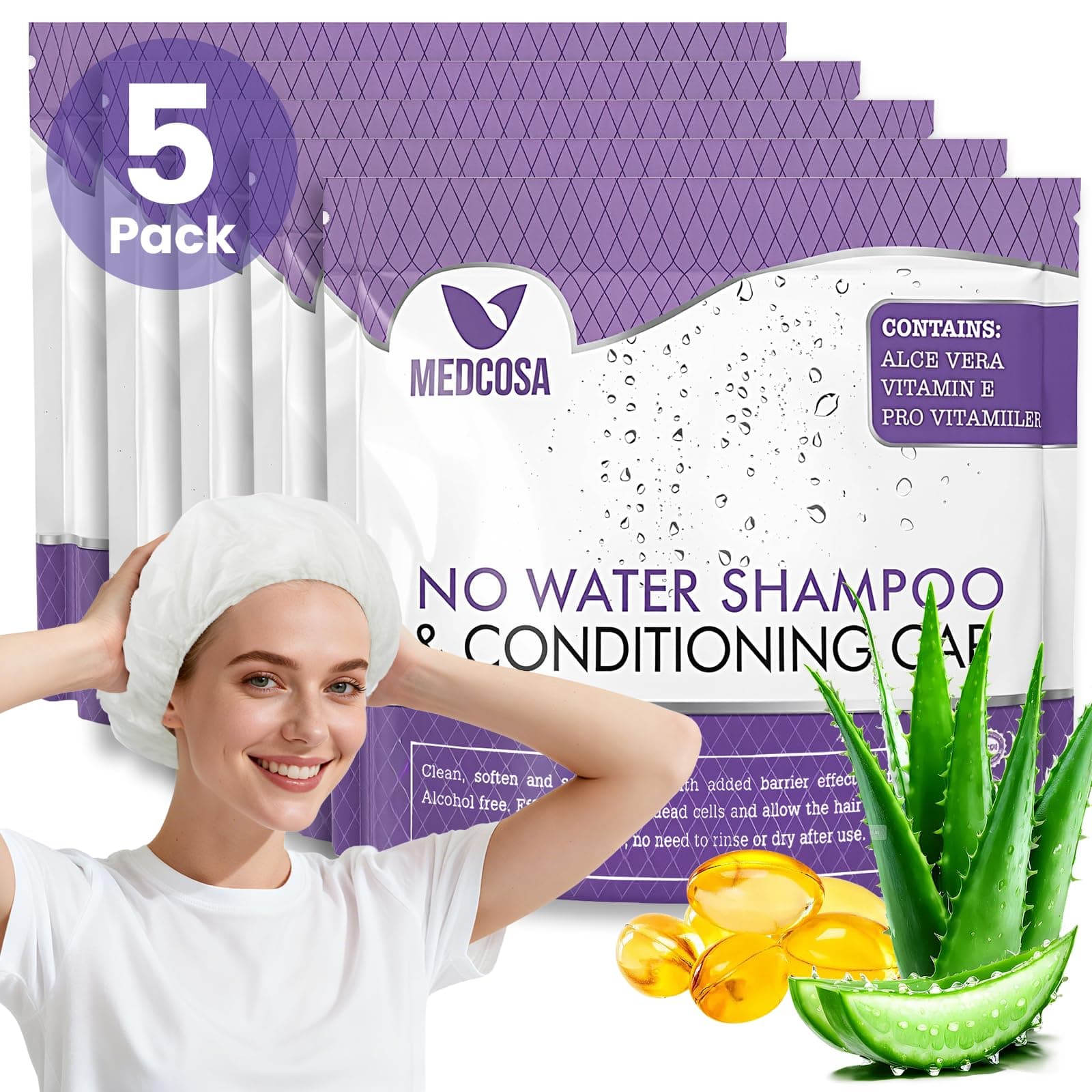 No Water Shampoo Caps - Hassle-Free Hair Washing Caps for Elderly - Shampoo Caps for Bedridden - Aloe, Vitamin E, Chamomile - 5-Pack