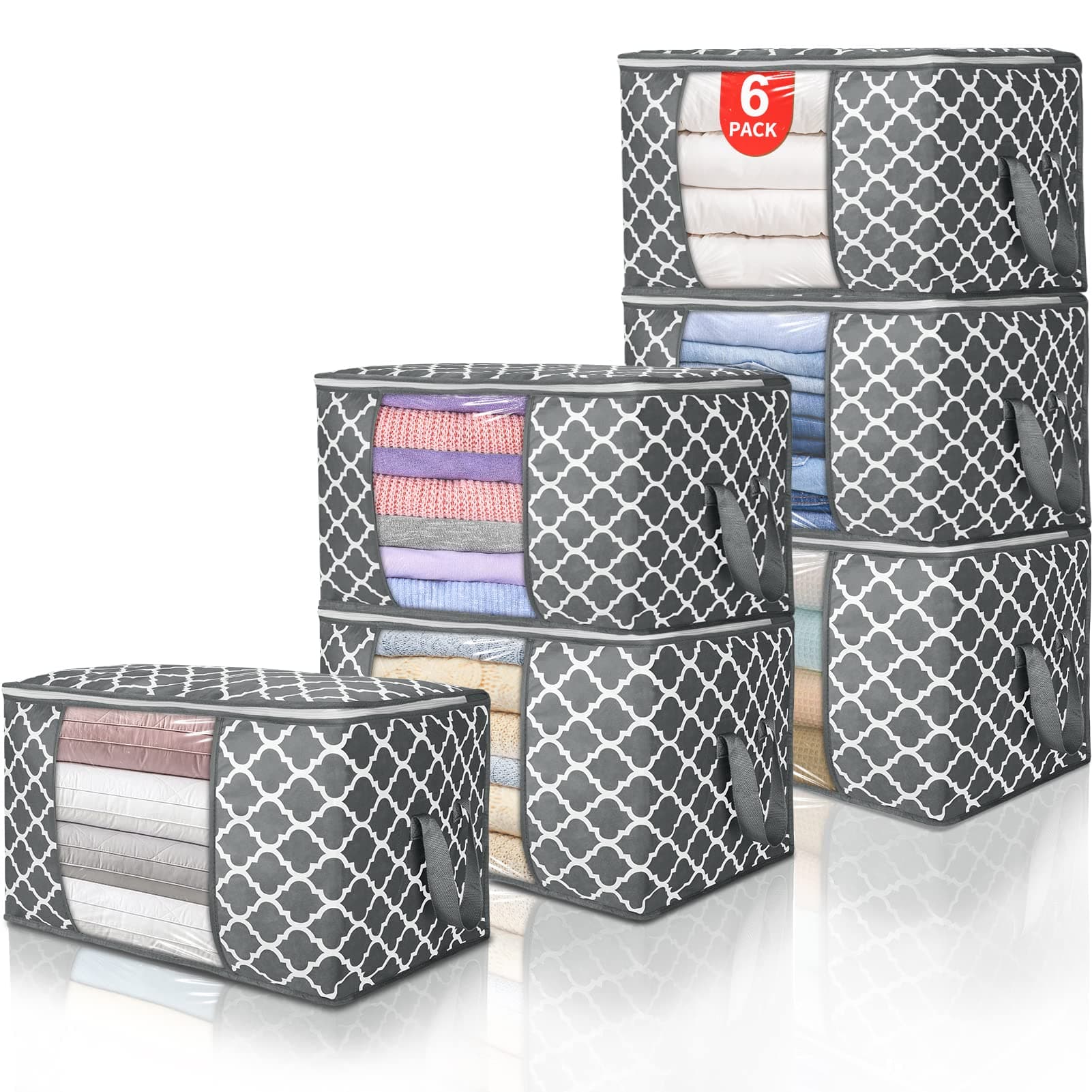 90 L Large Storage Bag Clothes Storage Organizer with Durable Handles for Closet Storage, Comforter, Blanket, Clothing, Bedding and Toys 6 Pack