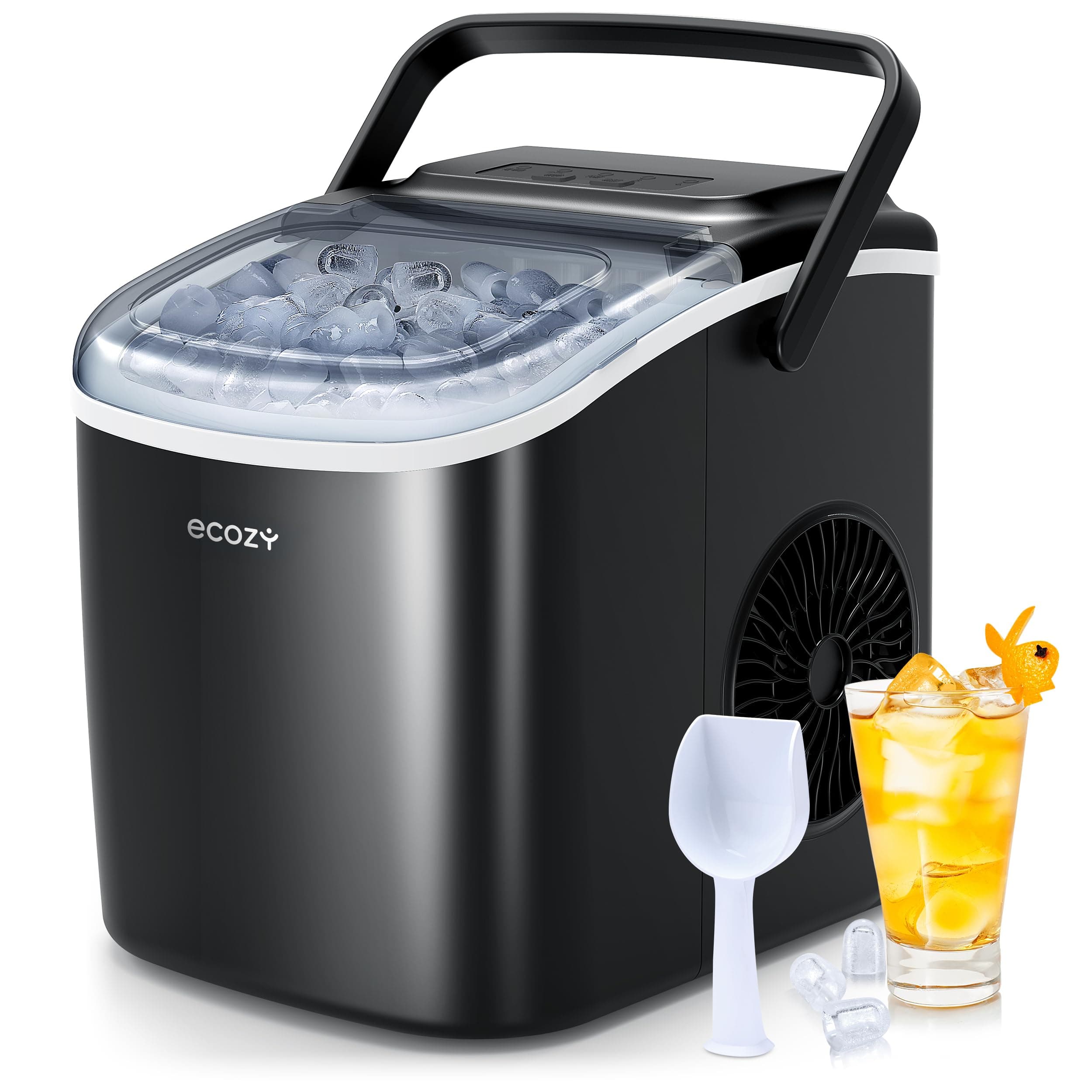 ecozy Portable Countertop Ice Maker - 9 Ice Cubes in 6 Minutes, 12kg Daily Output, Self-Cleaning with Ice Bags, Scoop, and Basket for Kitchen, Office, Bar, Party - Black