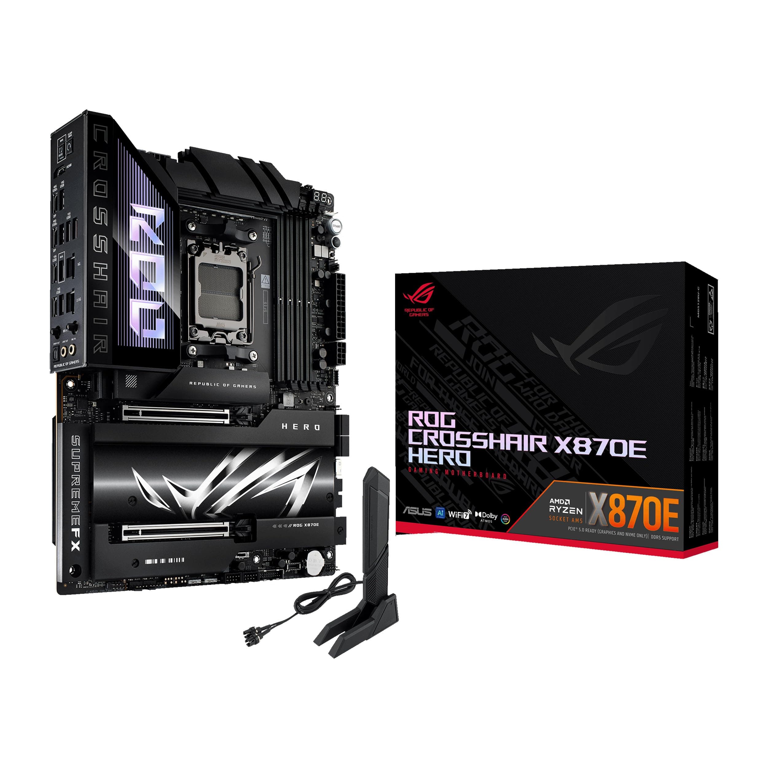 ASUS ROG Crosshair X870E Hero AMD X870E AM5 ATX Motherboard, Advanced AI PC Ready, 18+2+2 Power Stages, DDR5, PCIe® 5.0, 5X M.2, Wi-Fi 7, USB4®, AI Overclocking, Core Flex, PCIe Slot Q-Release Slim