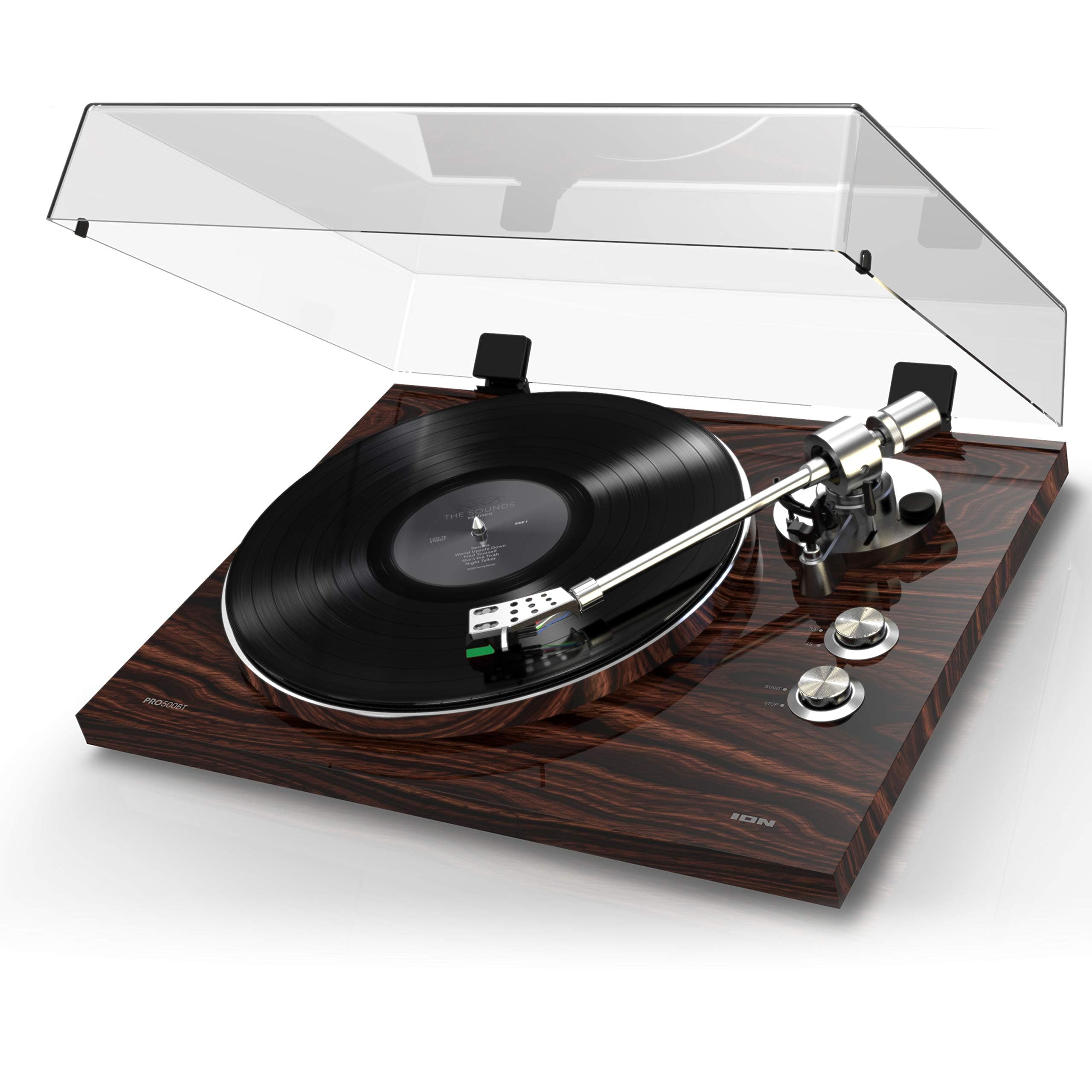 ION Audio PRO500BT - Wireless Bluetooth Turntable / Vinyl Record Player with 2 Playback Speeds, Phono Pre-Amp and USB Conversion - Walnut Finish
