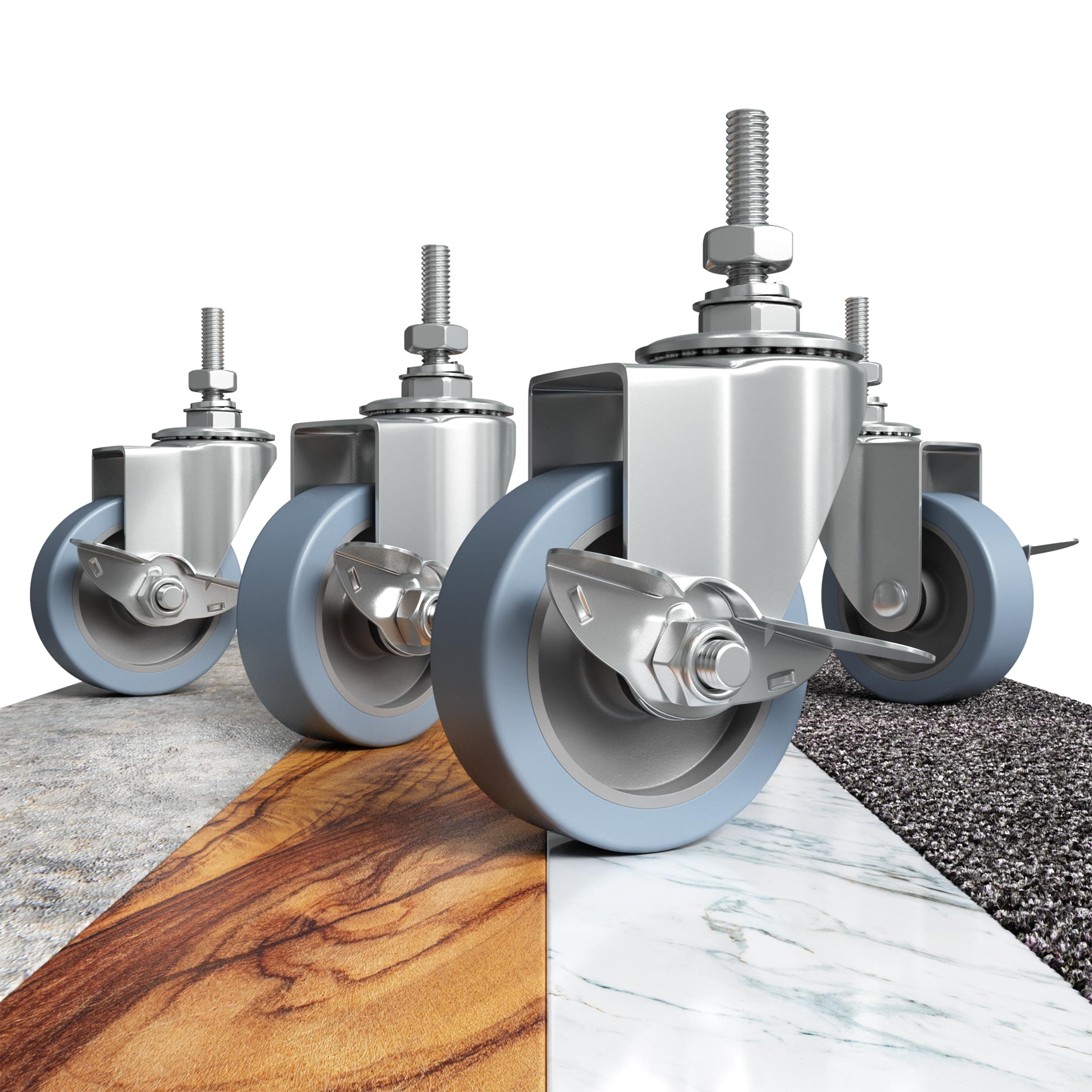 Houseables Caster Wheels, Casters, Set of 4, 3 Inch, (Screw Diameter 3/8"-16, Length 1.5"), Rubber, Heavy Duty, Threaded Stem Mount Industrial Castors, Locking Metal Swivel Wheel, for Furniture, Cart