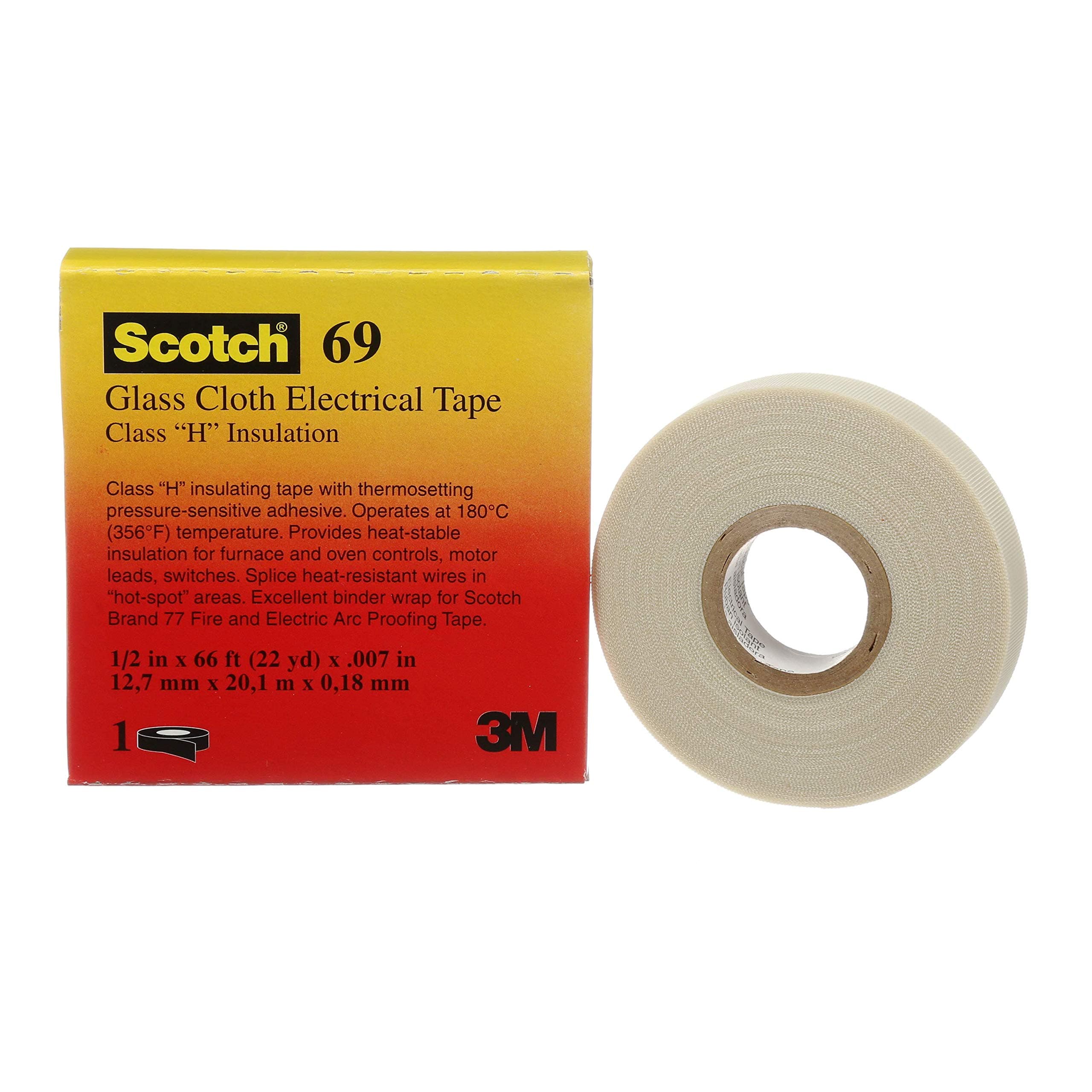 Scotch Glass Cloth Electrical Tapes 69, 1/2 in x 22 yd, 1 Roll, Premium Grade, Glass Cloth Backing, Silicone Adhesive, High Temperature, Flame Retardant