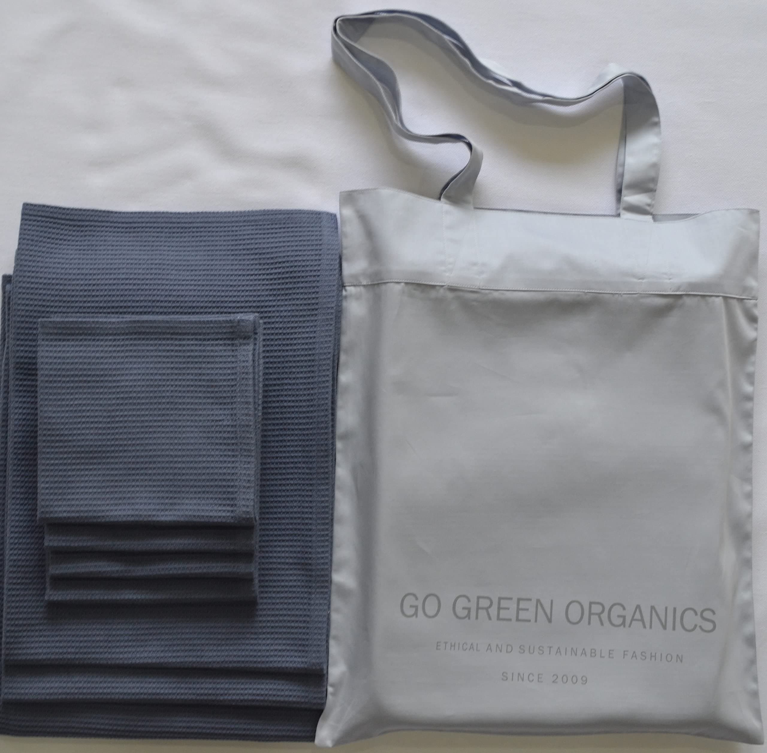 GO GREEN ORGANICS, Waffle Bath Towel Set, Organic Cotton,GOTS Certified, Folkstone Grey Super ABSORBANT & Quick Dry, NO SOFTENERS, Environment Friendly,1xBATH58x30.5, 2xHAND29x20, 4xFACE12x12INCH