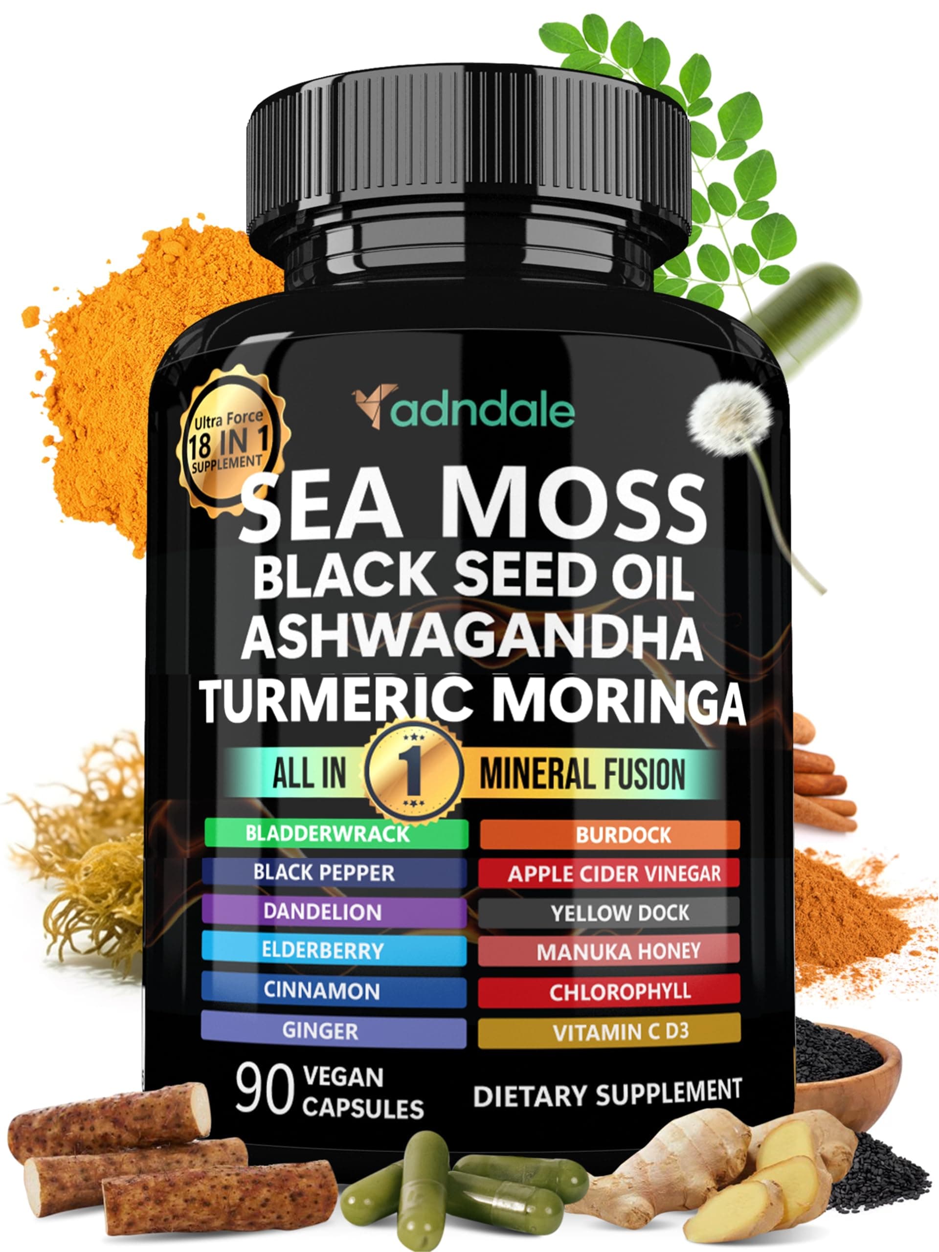 Adndale Sea Moss Capsules - Sea Moss Blend with Ashwagandha, Turmeric & Black Seed Oil - 90 Count