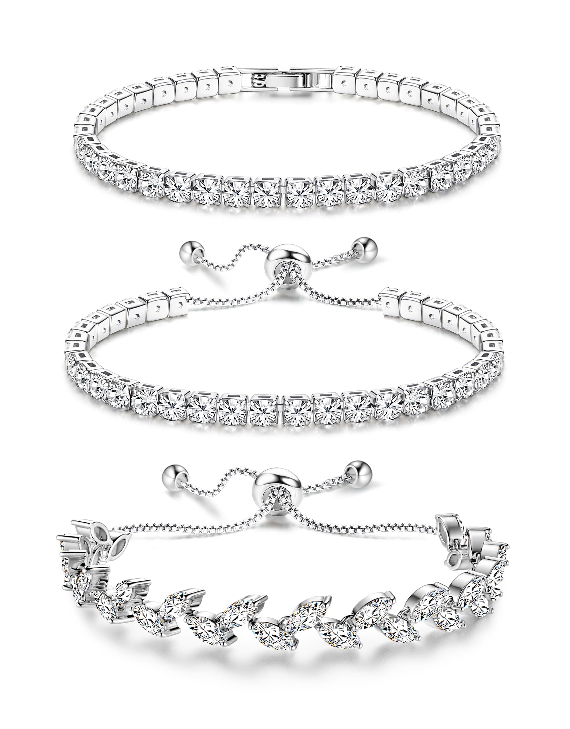 Tennis Bracelets For Women - Silver Plated Bracelet Stack Cubic Zirconia CZ Diamond Adjustable Stackable Bracelets Set For Prom Wedding Jewelry Gift 3Pcs