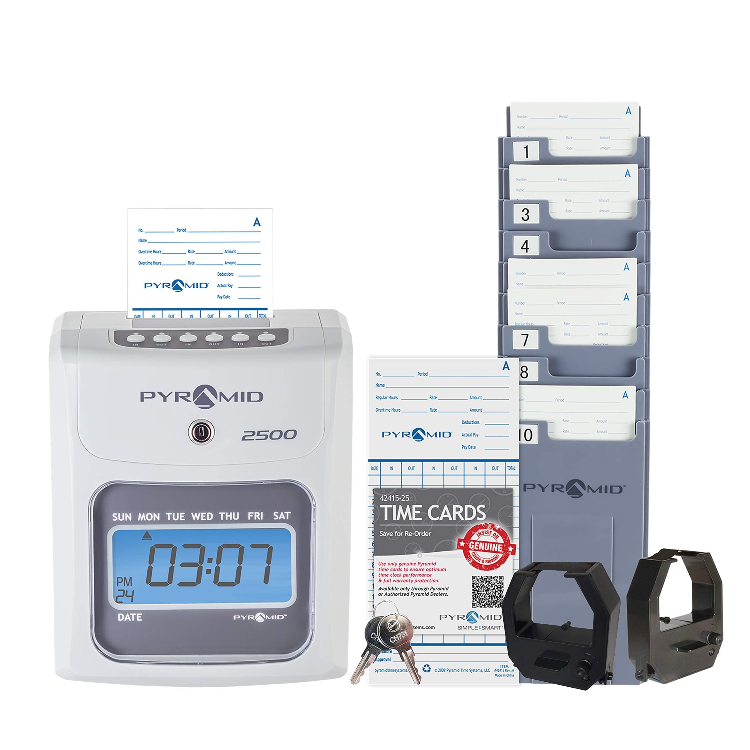 Pyramid Time Systems - 2500 Auto-Aligning Employee Time Clock Timekeeping Bundle [2500K1] for Small Business, Punch Clock System with 100 Time Cards, 2 Ribbon Cartridges, 10-Slot Rack & Security Keys