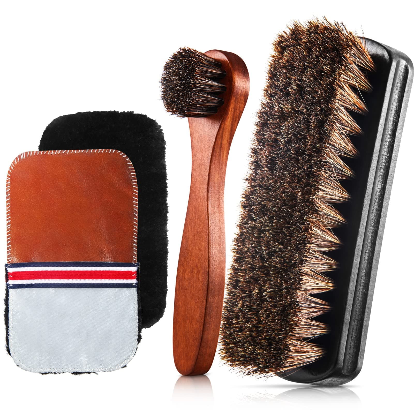 ZJoey 4 Pcs Horsehair Shine Shoes Brush Kit Polish Dauber Applicators Cleaning Leather Shoes Boots Care Brushes Suede Cleaner Brush with Microfiber Shoe Gloves(4 Pcs Style D)
