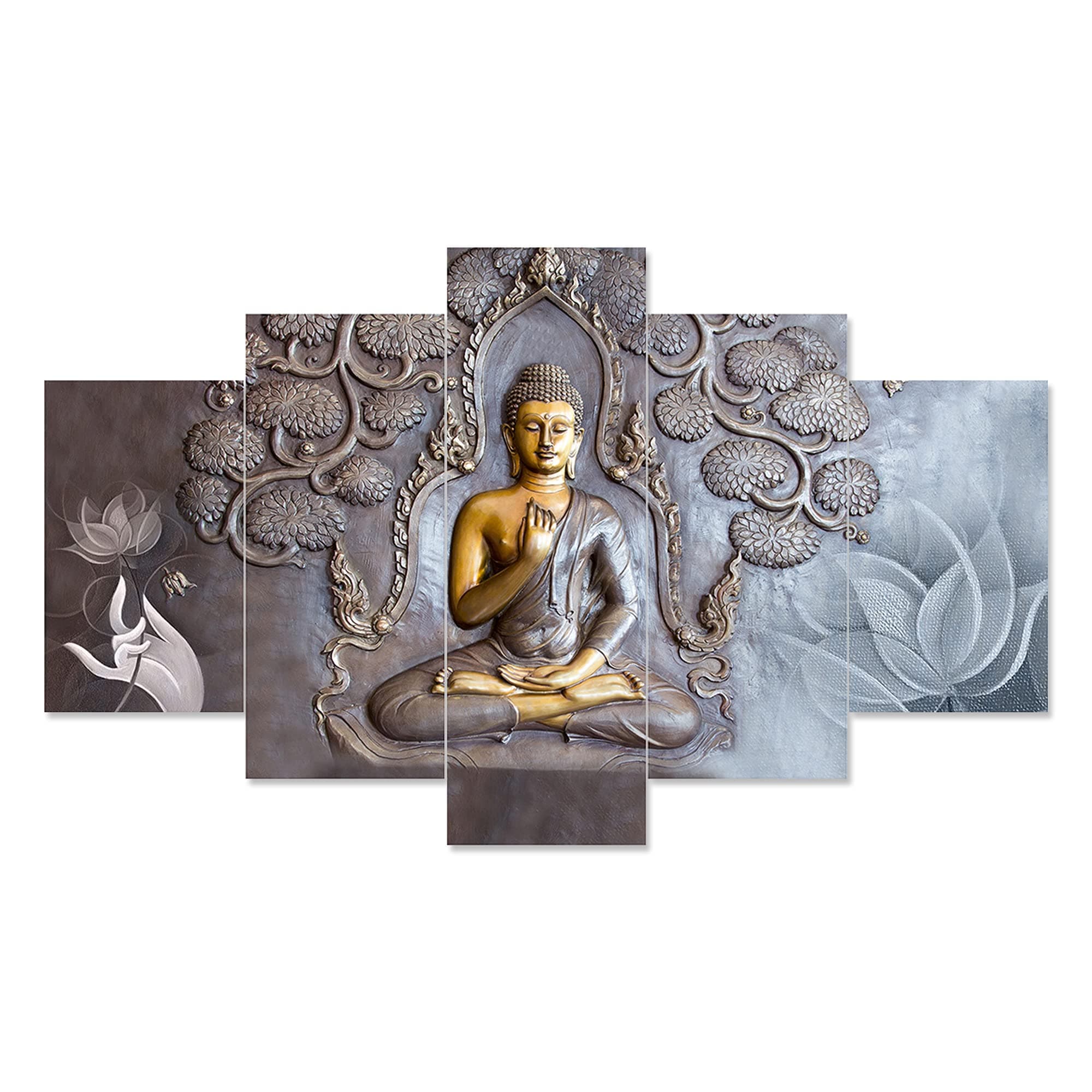 Saumic Craft Set Of Five Gautam Buddha 3D Wall Painting With Frame For Living Room 3D Scenery For Wall (75 X 43 Cm)(Multicolor)