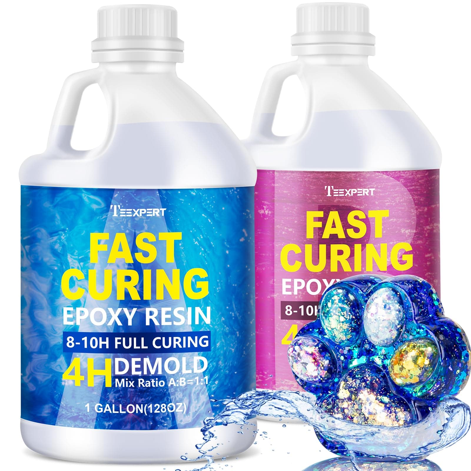 Teexpert Epoxy Resin - Fast Curing Resin 2 Gallon 4 Hours Demold Crystal Clear & Self-Leveling Casting Resin 8-10 Hours Quick Cure Epoxy Resin Kit for Jewelry, Ring, Keychains, Coaster, Wood, Molds