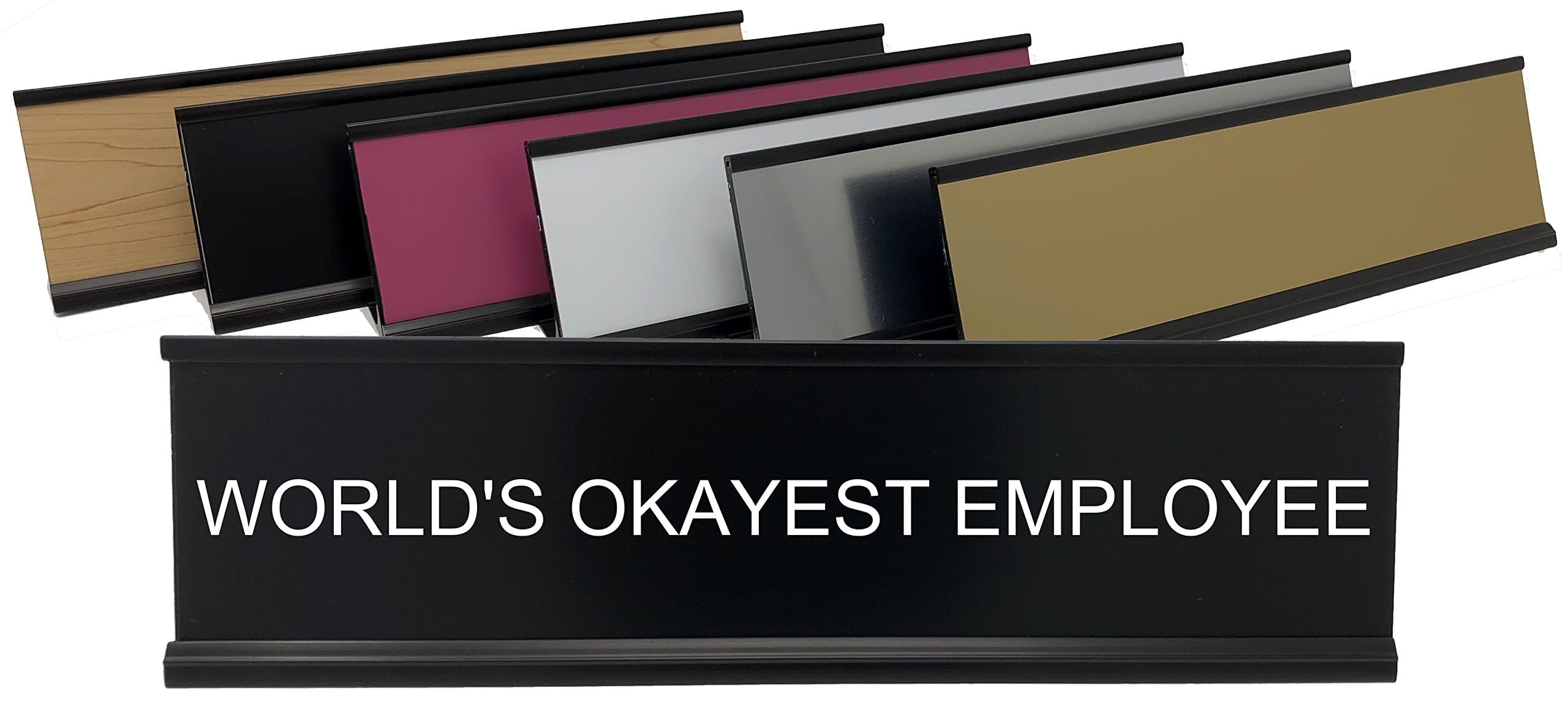 World's Okayest Employee - Lotsa Laughs Funny Desk Plate (Birch Wood w/Black Text)